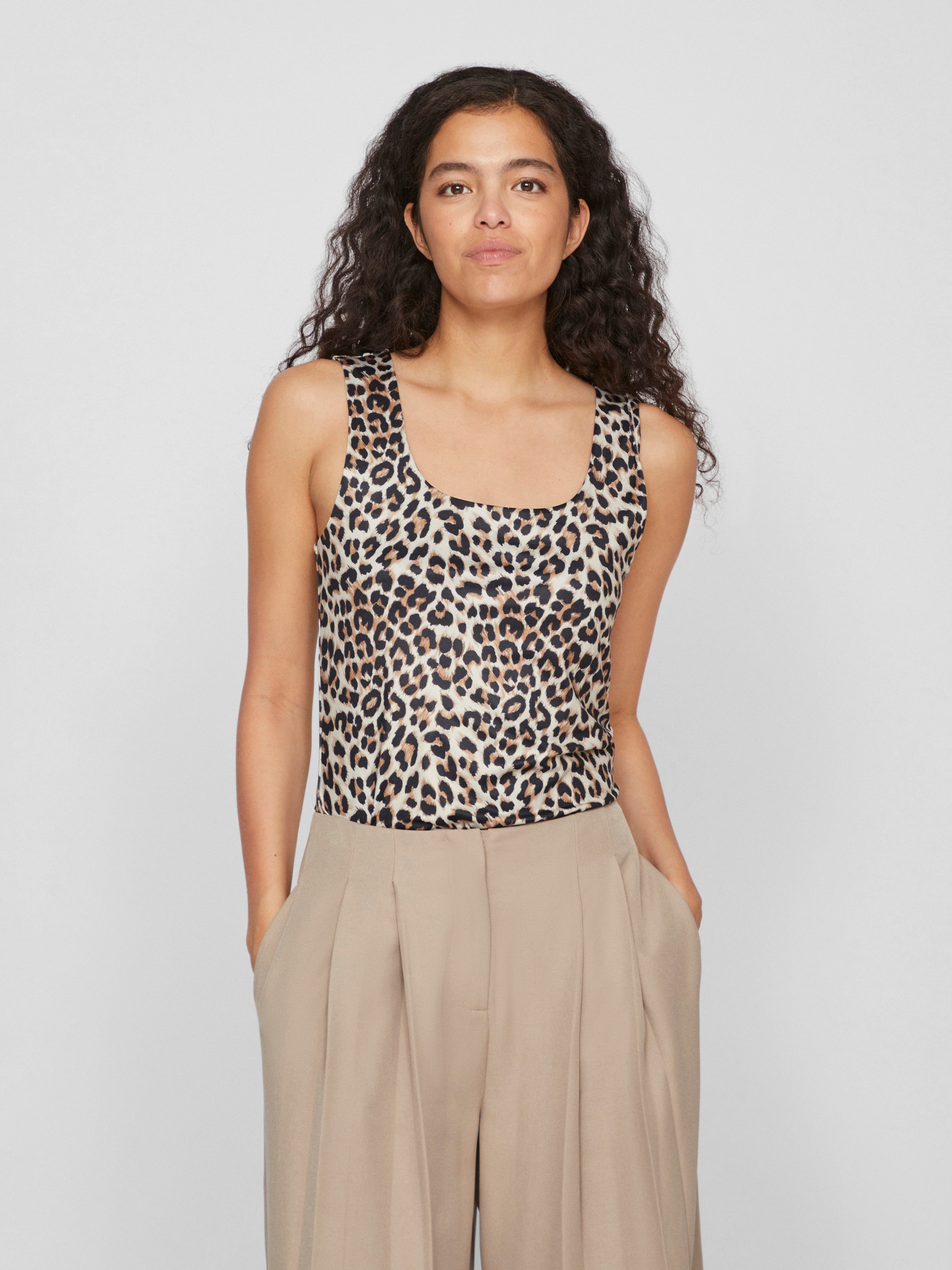 Kennza Women's O Neck Tank Top - Soft Stretchy Camisole in Carmel Cafe & Leopard Print | Perfect for Casual Wear, Layering, Summer Outfits and Yoga