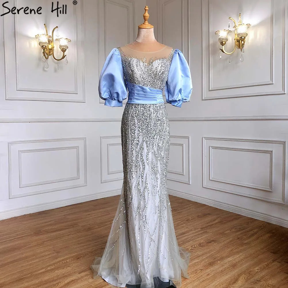 Serene Hill Silver Nude Luxury Mermaid Beaded Evening Dress with Puffy Sleeves - Elegant Women's Party Gown LA70809 | Perfect for Galas, Weddings & Formal Events