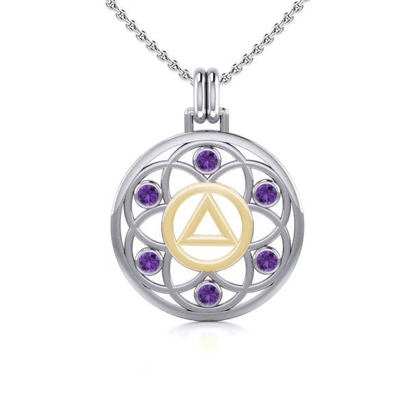 Flower of Life Sterling Silver & 14K Gold Accent Recovery Pendant with AA or NA Symbol & Genuine Gemstone - Spiritual Jewelry for Addiction Recovery & 12-Step Programs