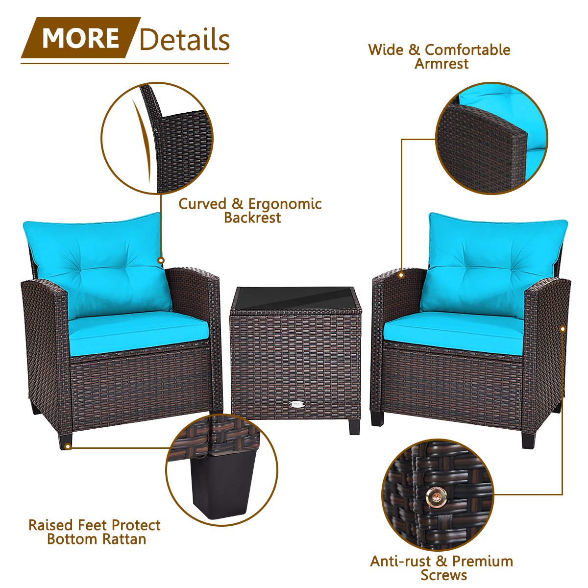 HappyGrill 3-Piece Outdoor Patio Furniture Set - Rattan Wicker Bistro Sofa with Cushions & Coffee Table - Perfect for Garden, Balcony, and Backyard Relaxation