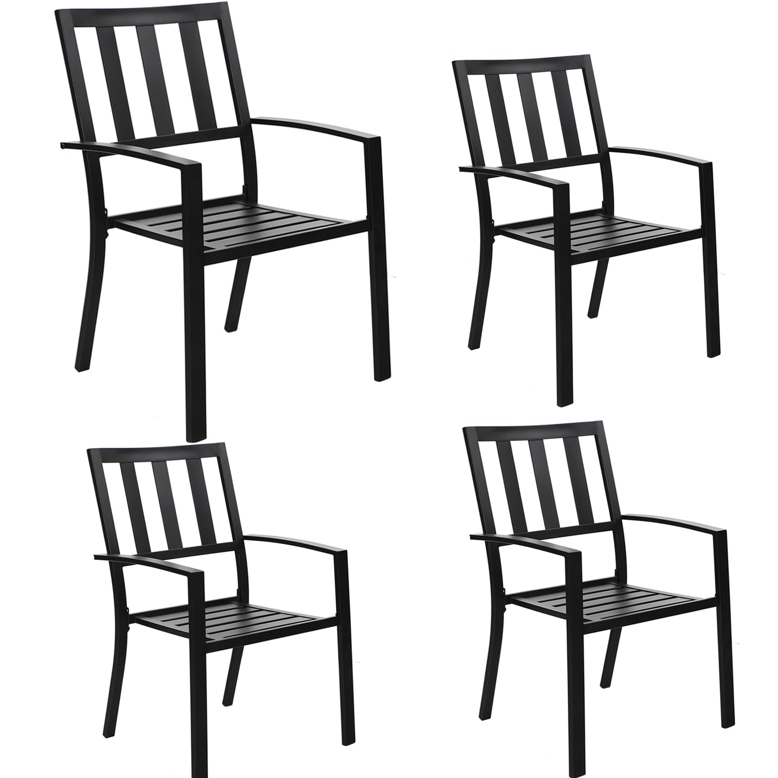 PHI VILLA 4-Piece Stackable Patio Dining Chairs Set - Black Wrought Iron Outdoor Bistro Chairs with Armrests & Square Pattern Design | Perfect for Garden, Balcony, Restaurant & Cafe Seating