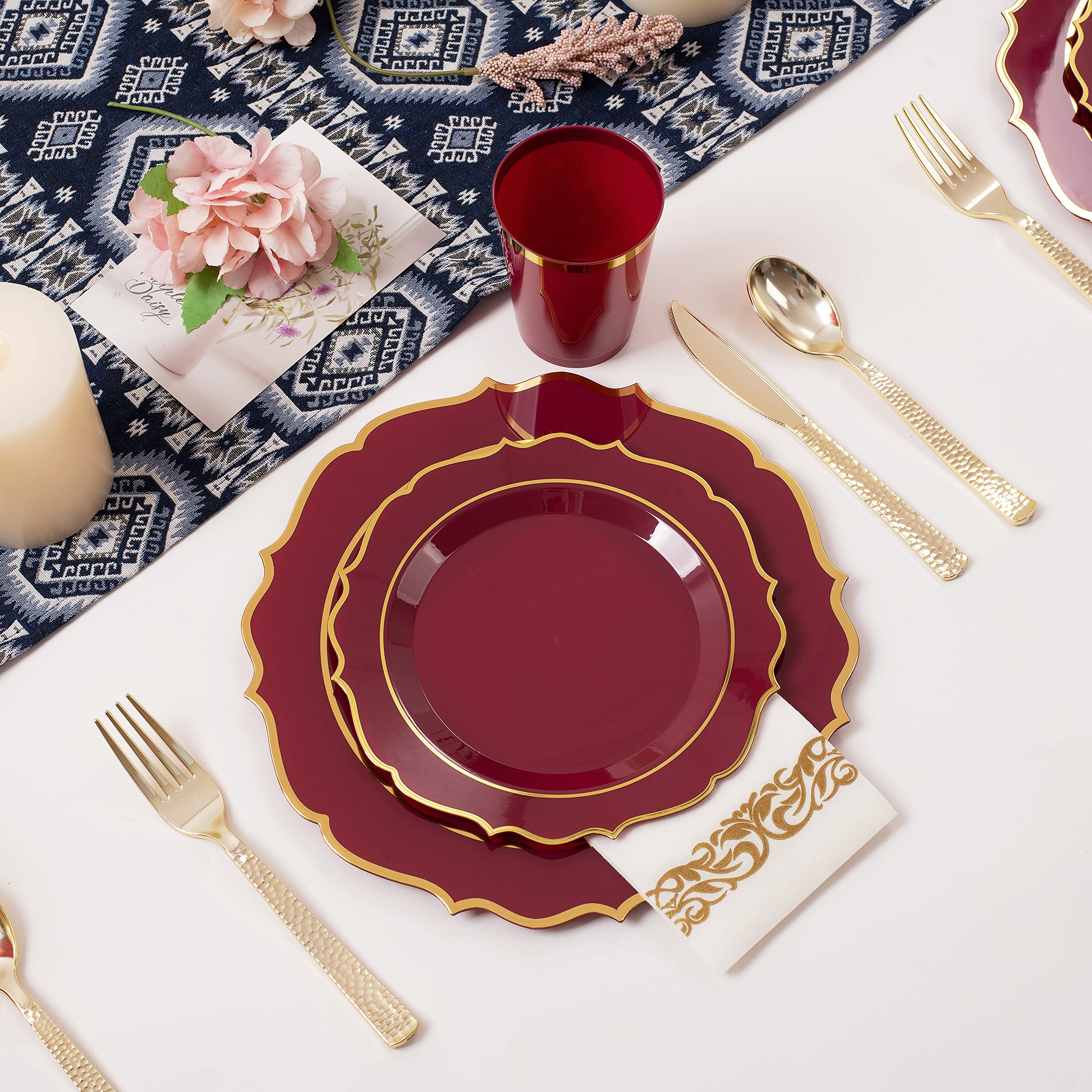 Elegant Burgundy Disposable Plastic Plates - 50 Maroon Dinner Plates, 25 Red 10oz Cups, 75 Gold Cutlery Set & 25 Gold Napkins for Wedding, Party, Thanksgiving, Easter & Holiday Celebrations - Premium Disposable Tableware for Elegant Events & Gatherings