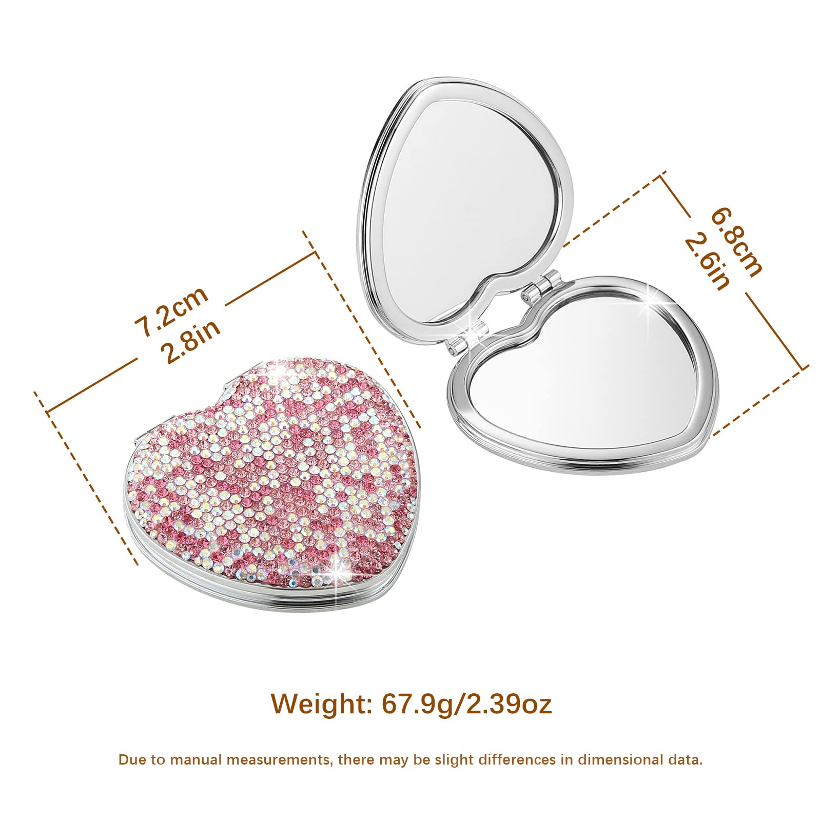 AsAlways Rhinestone Compact Pocket Mirror - Portable Travel Cosmetic Mirror, Folding Handheld Double-Sided 1x/2x Magnifying Purse Mirror for Makeup (Pink) | Perfect for Travel, Home & Office Use