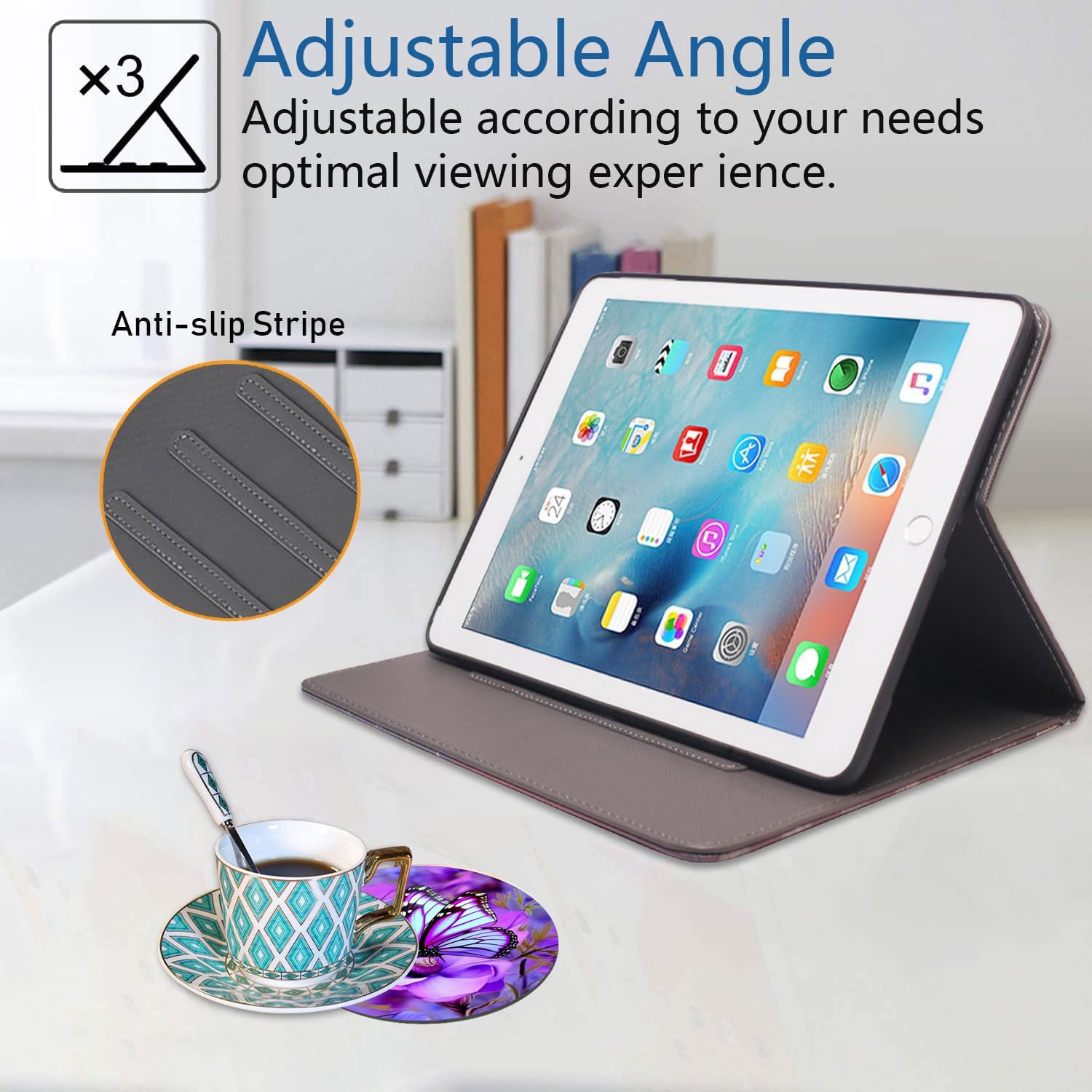 Luasao Auto Wake/Sleep Smart Case with Adjustable Stand for iPad 9.7 (2018/2017), iPad Air/Air 2, iPad 6th/5th Gen - Purple Floral Butterfly Design - Perfect for Home, Office & Travel Protection