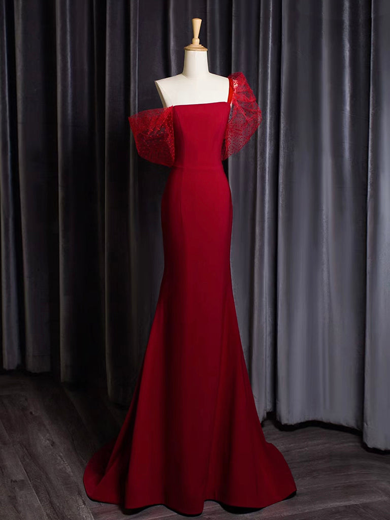 Elegant Burgundy Mermaid One Shoulder Satin Tulle Long Prom Dress - Formal Evening Gown for Homecoming, Wedding, and Special Occasions