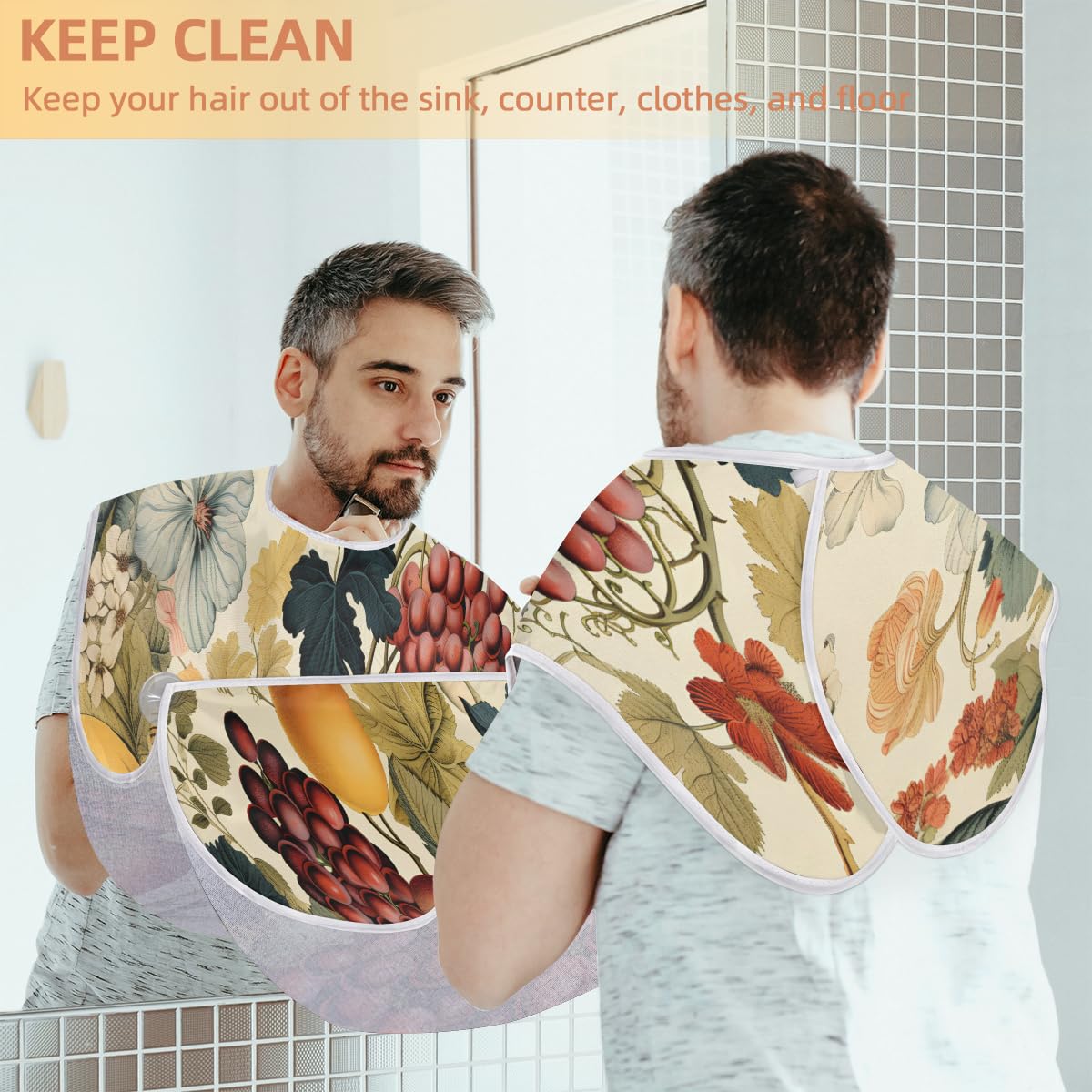 **Flowers & Fruit Print Beard Shaving Bibs for Men - Waterproof Hair Dye Apron for Barber, Makeup & Hair Styling - Sink Hair Catcher for Beard Trimming & Lineup - Perfect Gift for Barbers & Stylists (Great for Salons, Home Grooming & DIY Haircuts)**