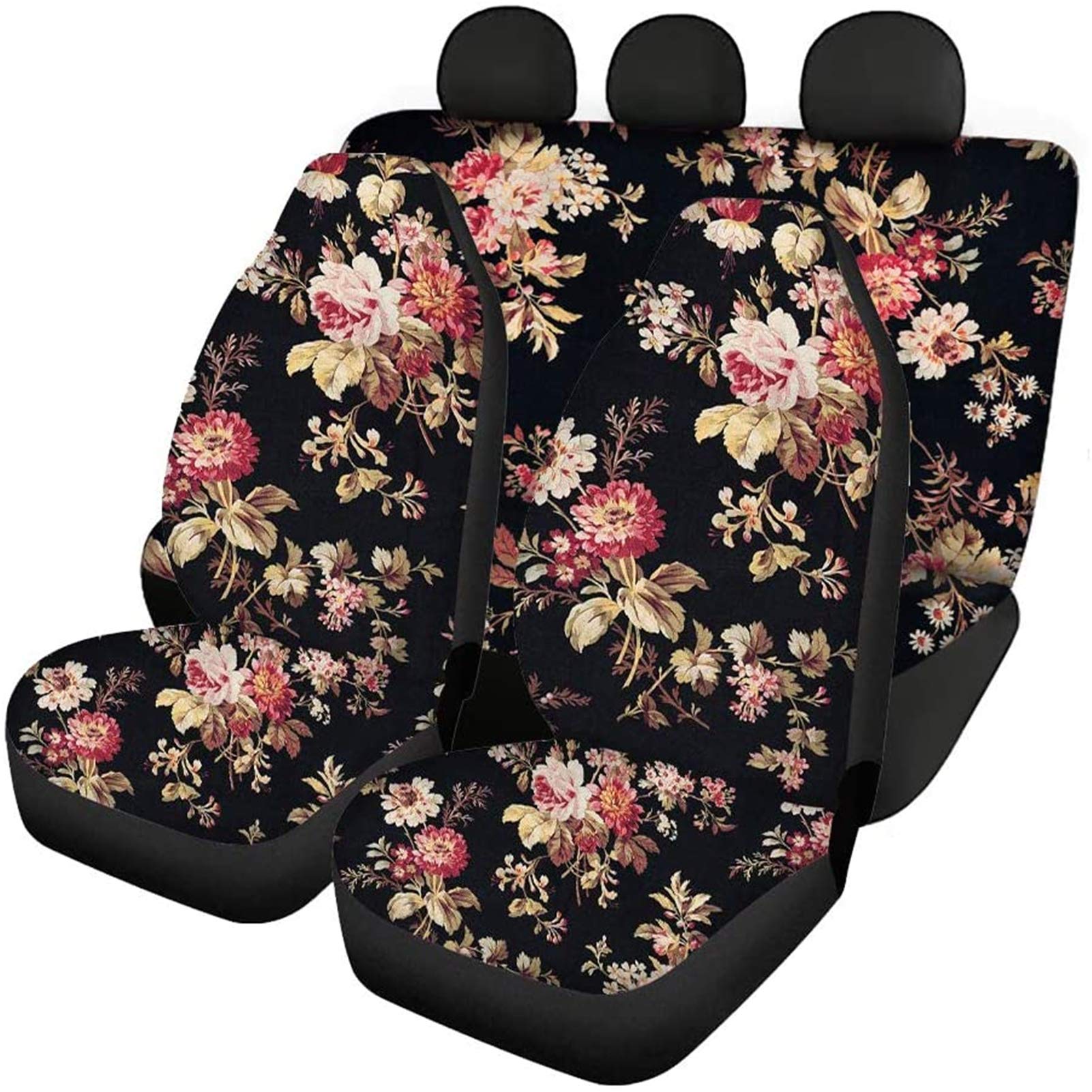 Vintage Floral Car Seat Covers Full Set - Universal Fit for Cars, Trucks, Vans & SUVs | Front & Rear Seat Protectors | Perfect for Road Trips, Daily Commute & Vehicle Interior Protection