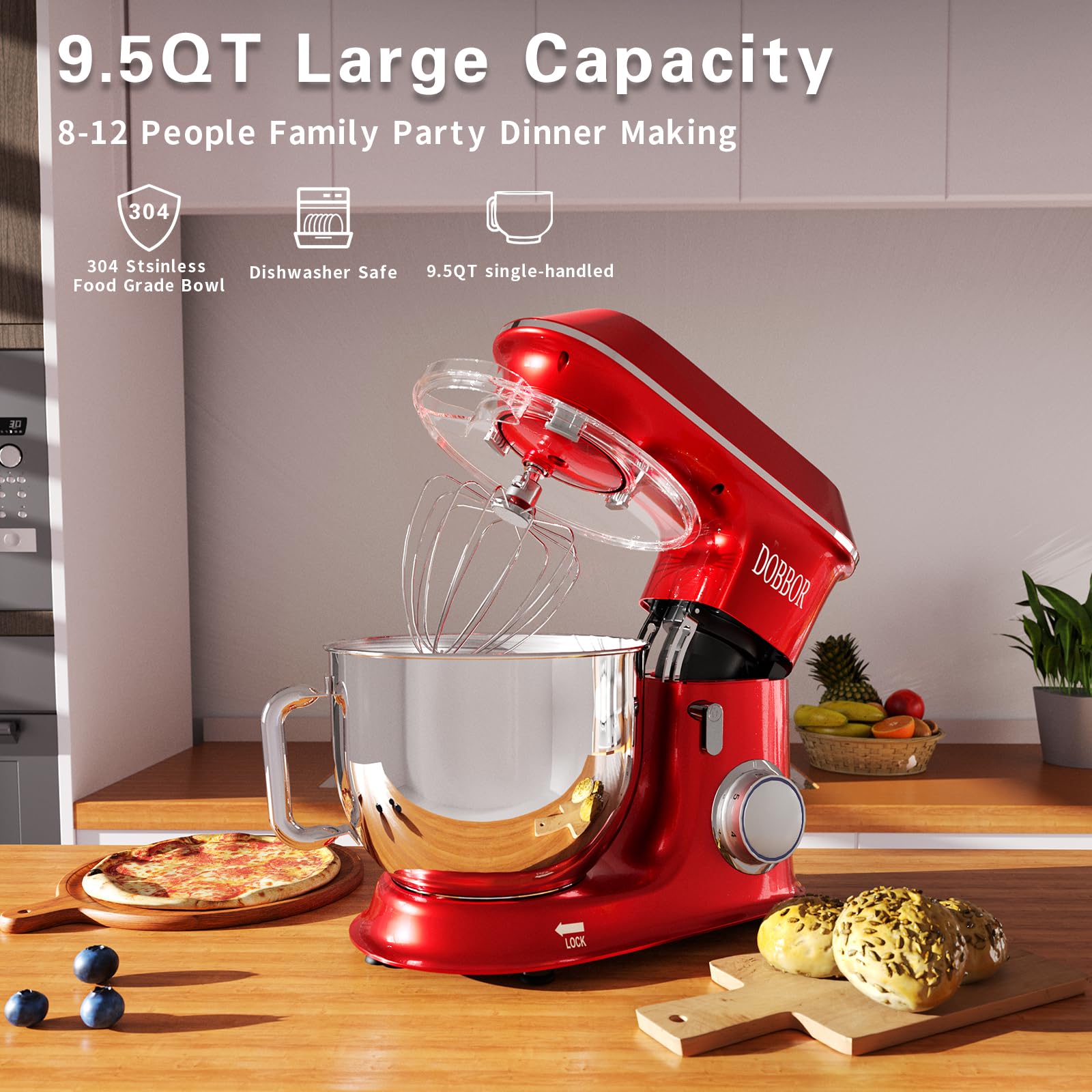 DOBBOR 9.5QT 660W Electric Stand Mixer - 7-Speed Tilt-Head Dough Mixer with Dough Hook, Whisk & Beater for Baking Bread, Cakes, Cookies, Pizza & More - Perfect for Home Bakers & Professional Kitchens - Red