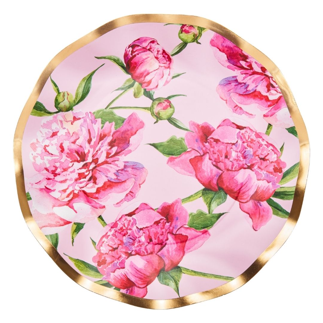 Wavy Dinner Plate Set - Pink Peonies Design - 8 Piece Pack - Perfect for Elegant Dining, Wedding Receptions & Home Decor