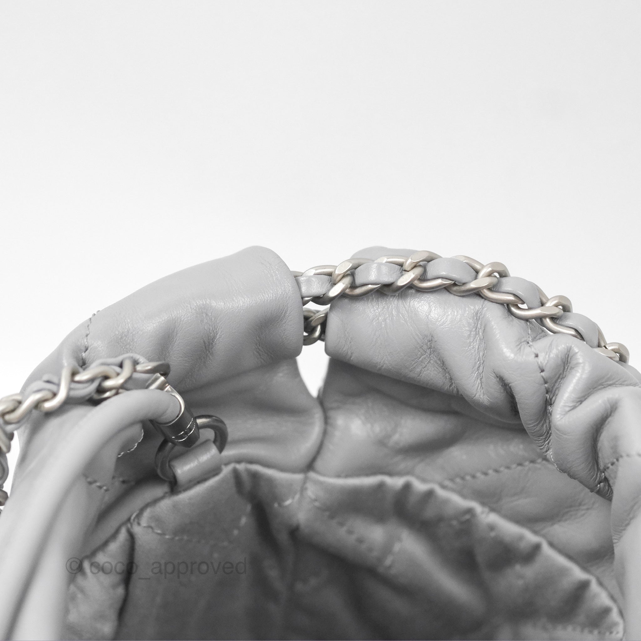 Chanel 22 Mini Bag Light Grey Shiny Crumpled Calfskin with Matte Silver Hardware - Luxury Crossbody Purse for Women, Perfect for Date Night & Evening Events