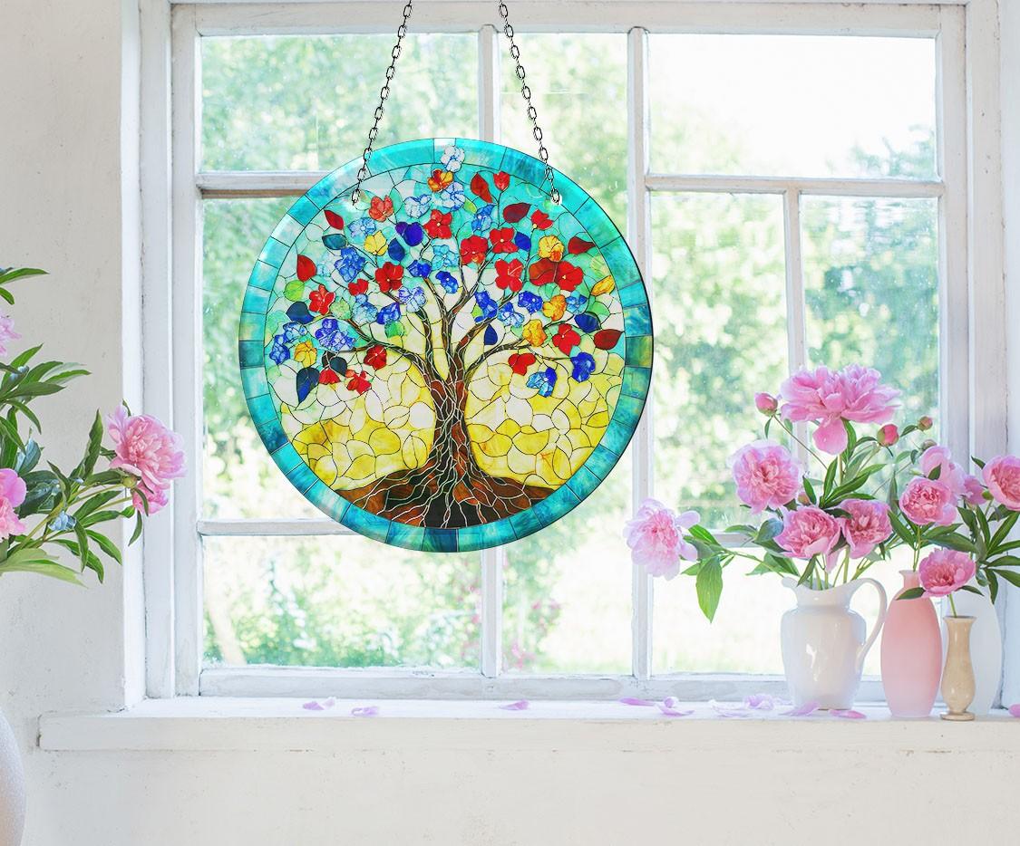 Blue Tree of Life Suncatcher - Handmade Stained Glass Window Decor for Home, Office & Garden - Perfect for Gifts & Spiritual Decorations
