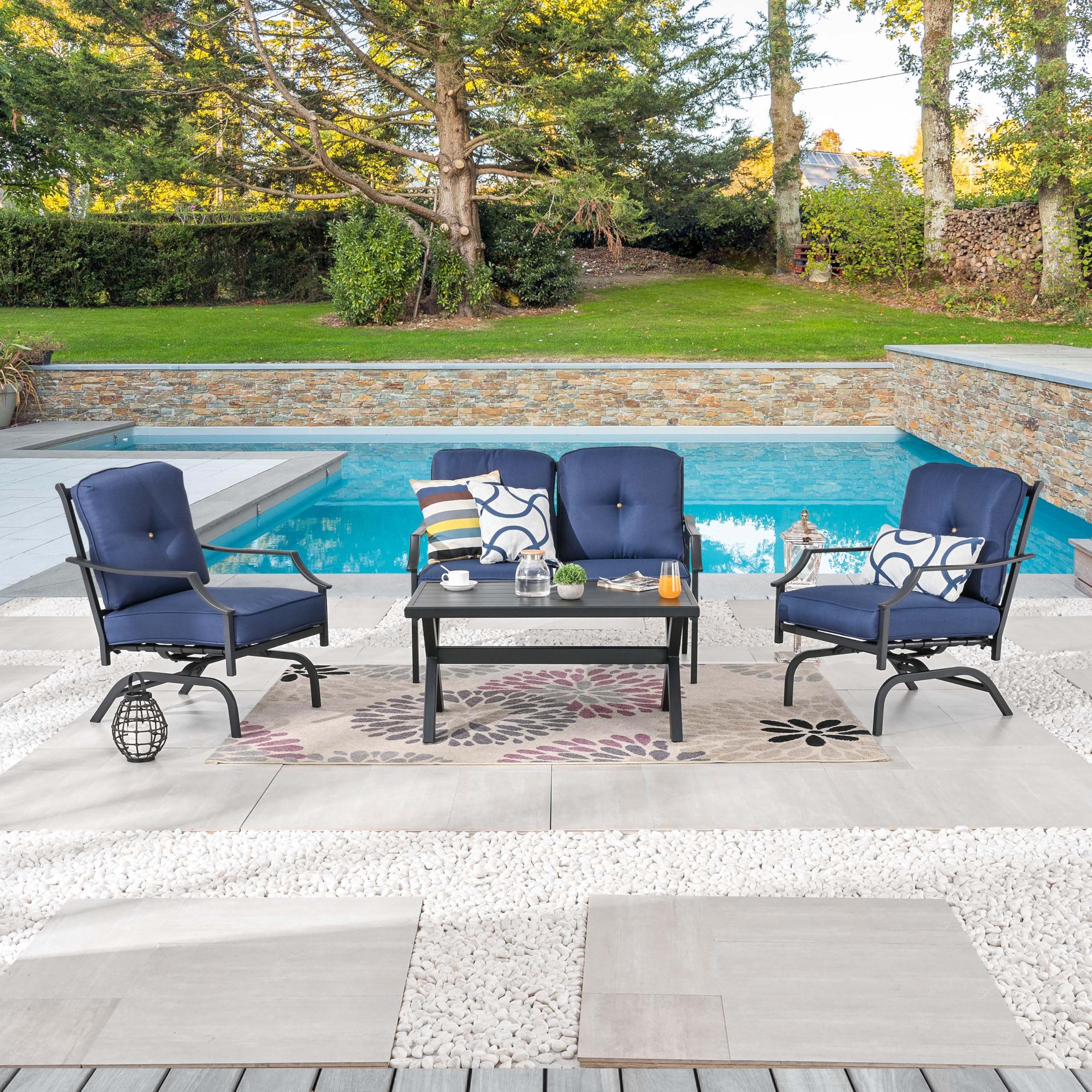 LOKATSE HOME 4-Piece Outdoor Patio Furniture Set - Metal Bistro Chairs with Cushions & Coffee Table - Blue Conversation Set for Garden, Backyard, Poolside & Balcony Relaxation