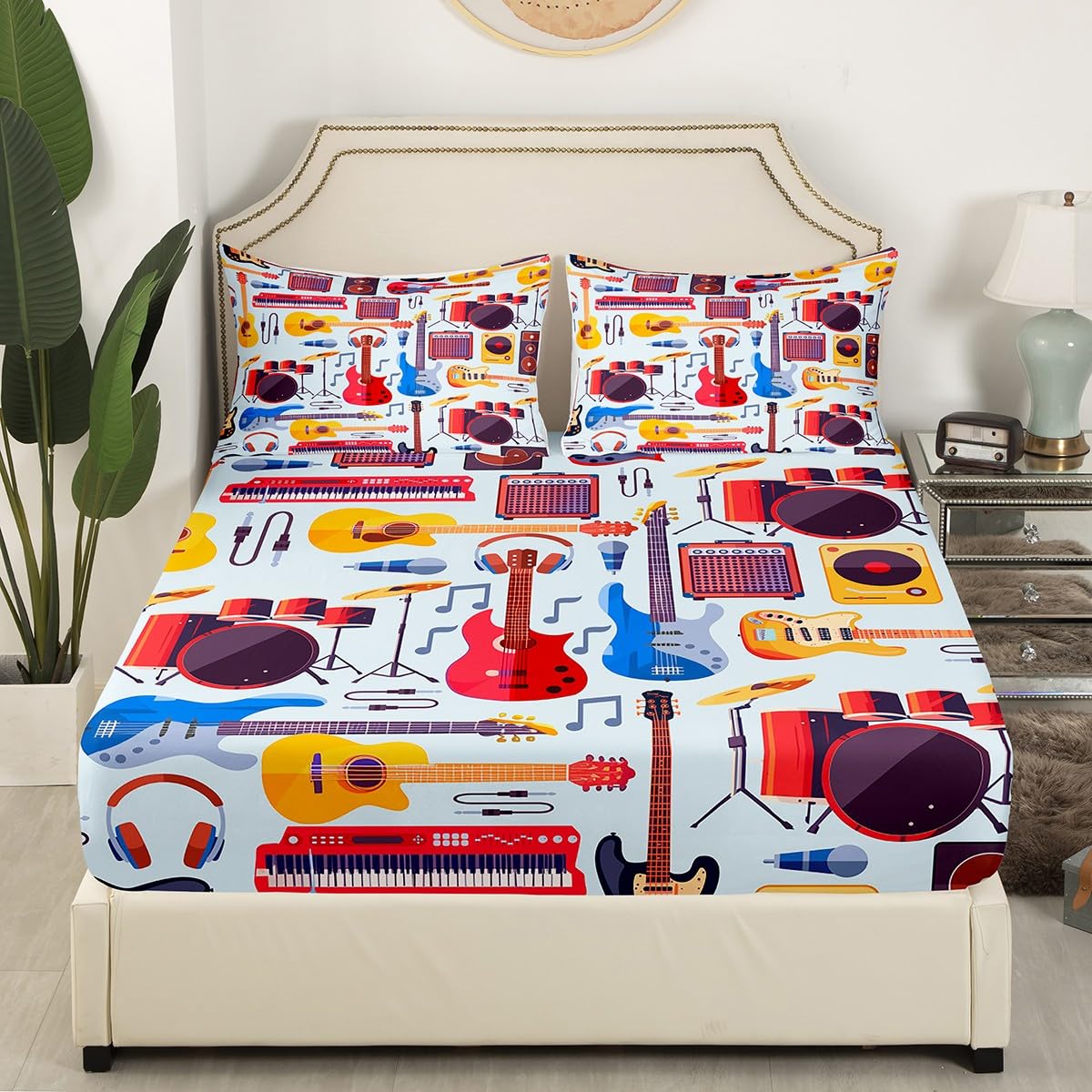 Manfei Musical Kids Fitted Sheet Queen Size - Guitar Radio Drum Kit Headset Print 3-Piece Bedding Set for Boys & Girls | Soft Polyester Rock Music Bed Cover with 2 Pillowcases | Perfect for Kids' Rooms, Music Lovers & Themed Bedrooms