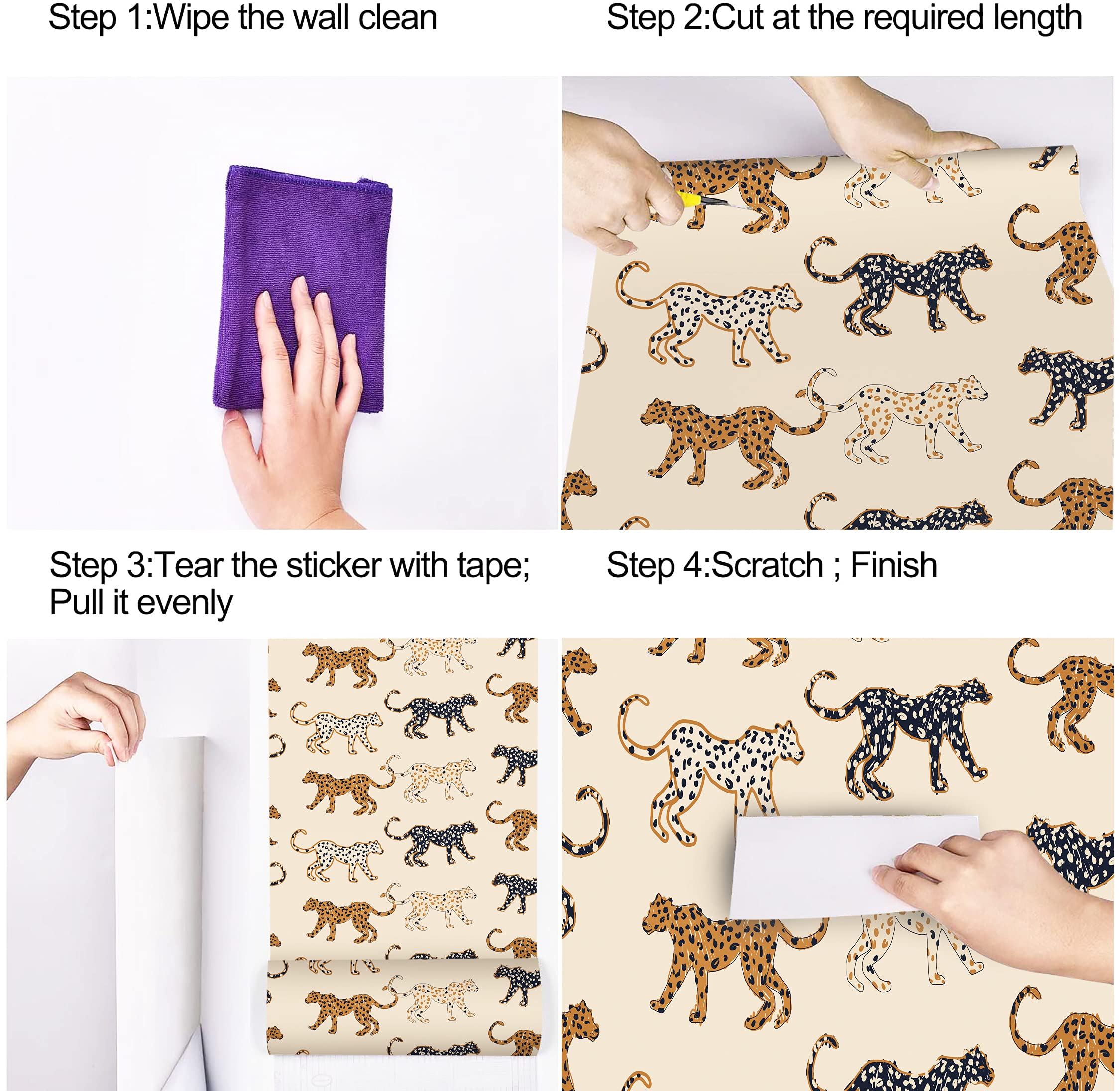 UniGoos Beige Leopard Peel and Stick Wallpaper - Retro Animal Print Self-Adhesive Contact Paper for Shelves, Countertops & Bedroom Decor (17.7