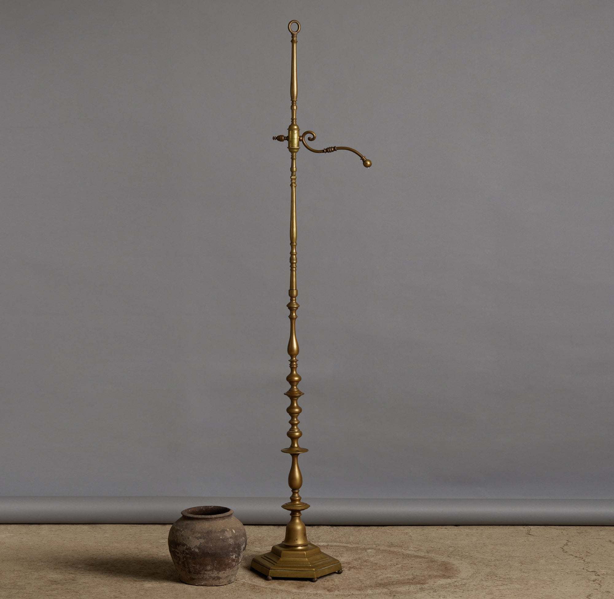 Vintage 1930s Spanish Style Heavy Turned Brass Floor Lamp with Adjustable Gooseneck - Perfect for Living Room, Study, or Office Lighting Decor