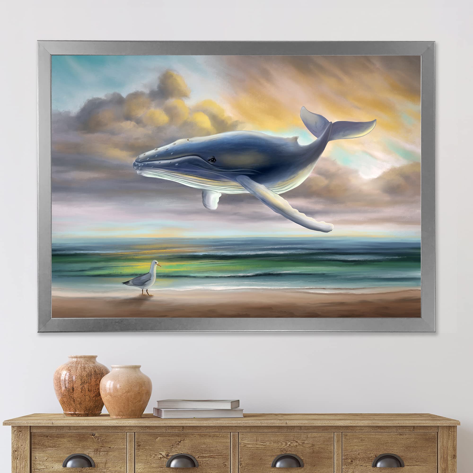 Whale Floating in the Sky - Kids Nursery Wall Art Decor, Framed Canvas Print for Children's Bedroom, Playroom & Classroom Decor