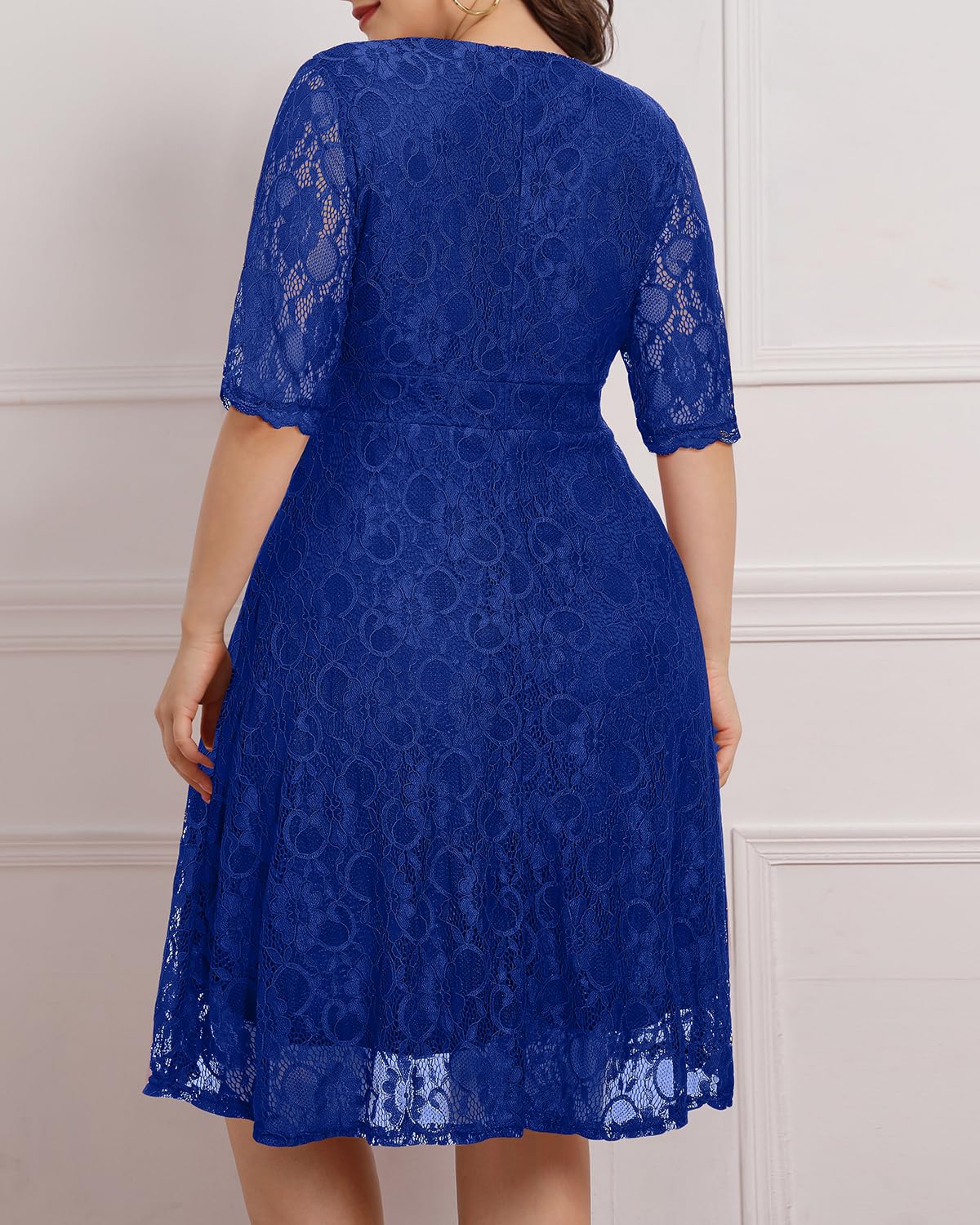 Plus Size Women's Lace Wrap V-Neck Knee-Length Dress for Wedding Guest & Cocktail Party | Semi-Formal Occasions, Date Night, Bridal Shower, Church Events