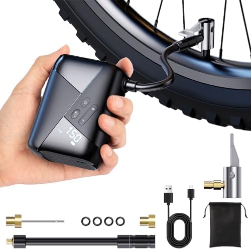 Portable Electric Bike Pump 150PSI with Pressure Gauge - Rechargeable USB-C Mini Bike Pump for Mountain, Road & City Bikes - Perfect for On-the-Go Cycling & Emergency Tire Inflation
