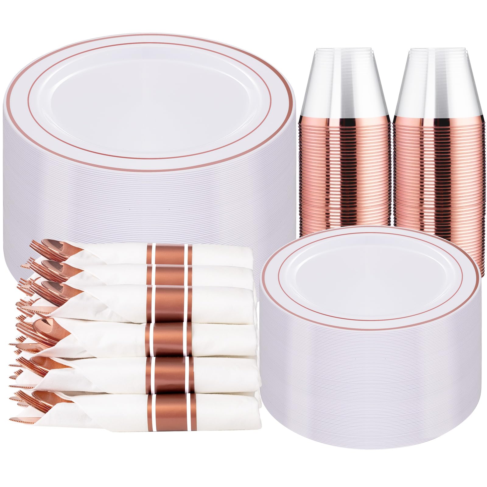 WELLIFE 350-Piece Rose Gold Plastic Party Tableware Set - 100 Disposable Plates, 150 Silverware, 50 Napkins & 50 Cups for 50 Guests | Elegant Dinnerware for Weddings, Birthdays, Baby Showers & Special Events