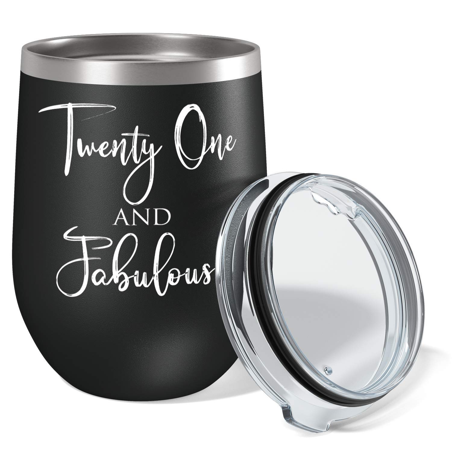 21st Birthday Gift - 12 oz Black Stainless Steel Wine Tumbler with Lid | Insulated Travel Cup for Women, Perfect for Parties, Vacations & Outdoor Adventures