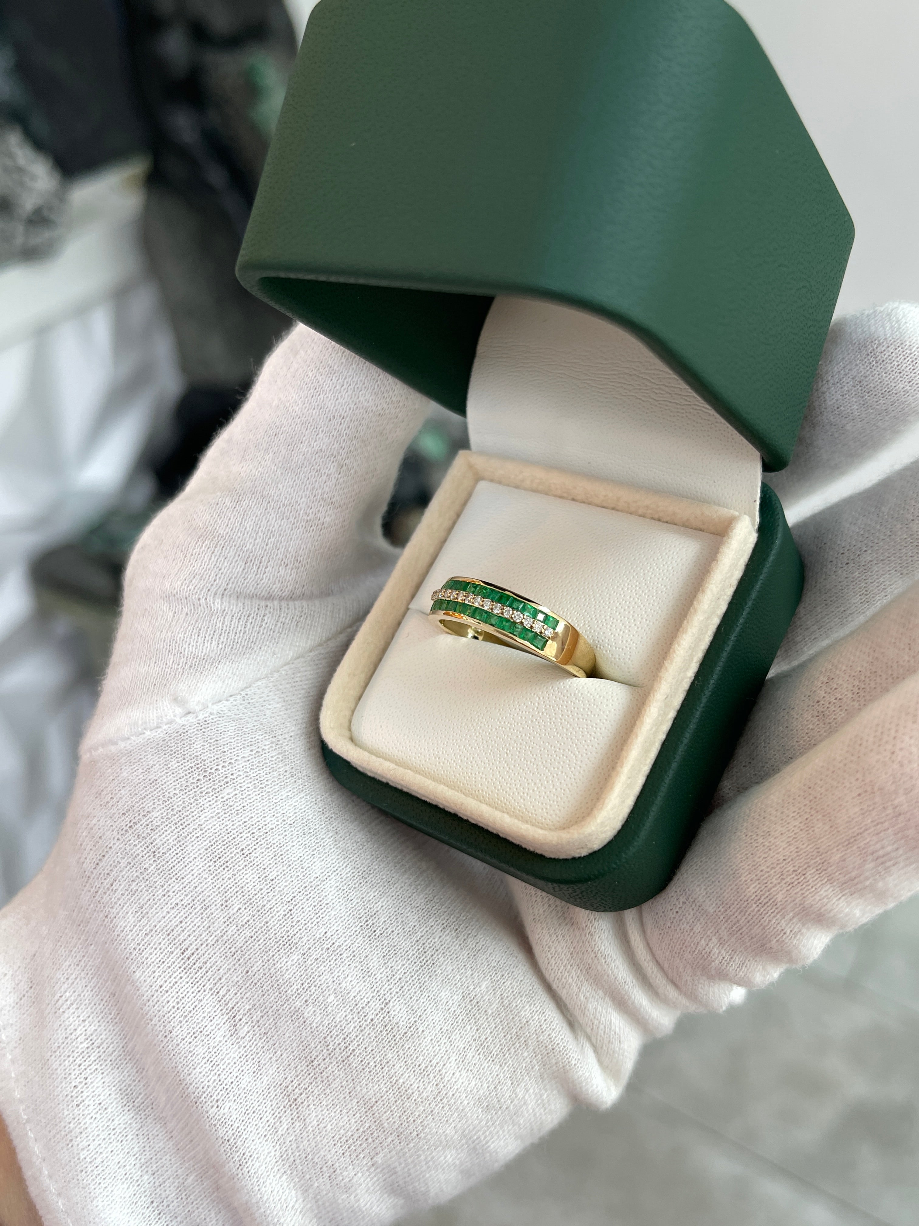 14K Gold Three Row Square Emerald & Diamond Wedding Band - 6mm Wide Elegant Stackable Ring for Bridal, Anniversary & Special Occasions