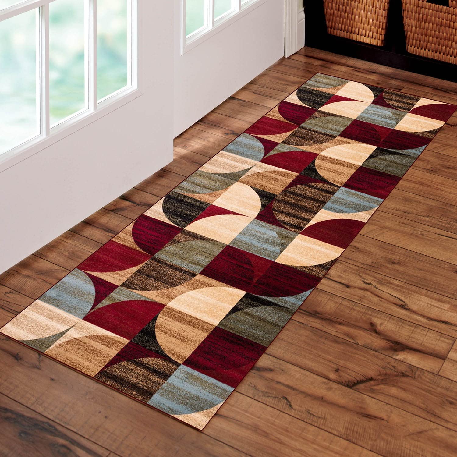 Non-Slip Washable Runner Rug 4'x13' - Brown & Red Geometric Pattern TPR Rubber Backing for Hallway, Laundry Room, Kitchen & Entryway | Durable Floor Mat for High Traffic Areas & Custom Home Decor
