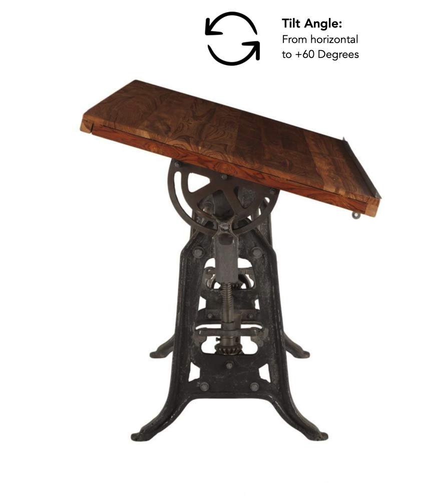 Wellington Industrial Vintage Drafting Table - Adjustable Artist Desk & Standing Desk with Reclaimed Teak Wood Top, Iron Cast Base & Tilt Function | Perfect for Home Office, Art Studio & Architectural Workspace