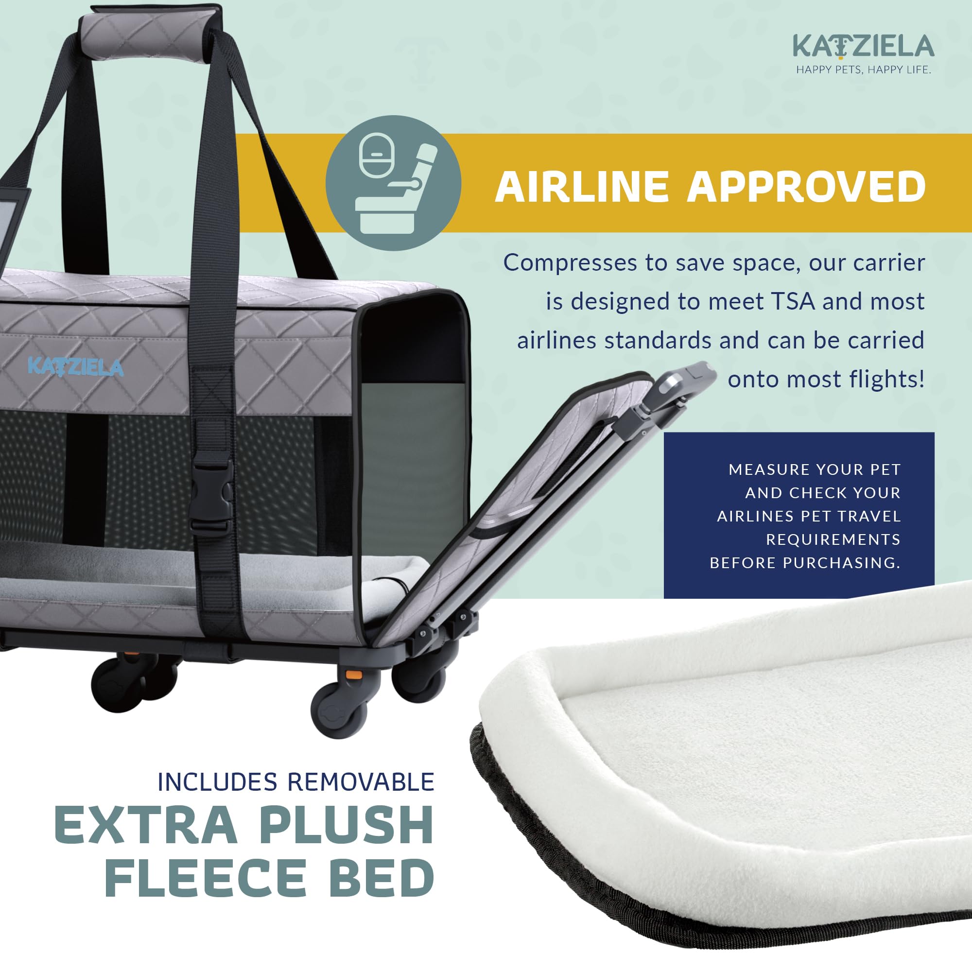 TSA Approved Airline Pet Carrier with Wheels for Small to Medium Dogs & Cats - Lightweight Rolling Dog Carrier for Air Travel - Dark Grey Pet Travel Bag for Cabin & Car Use