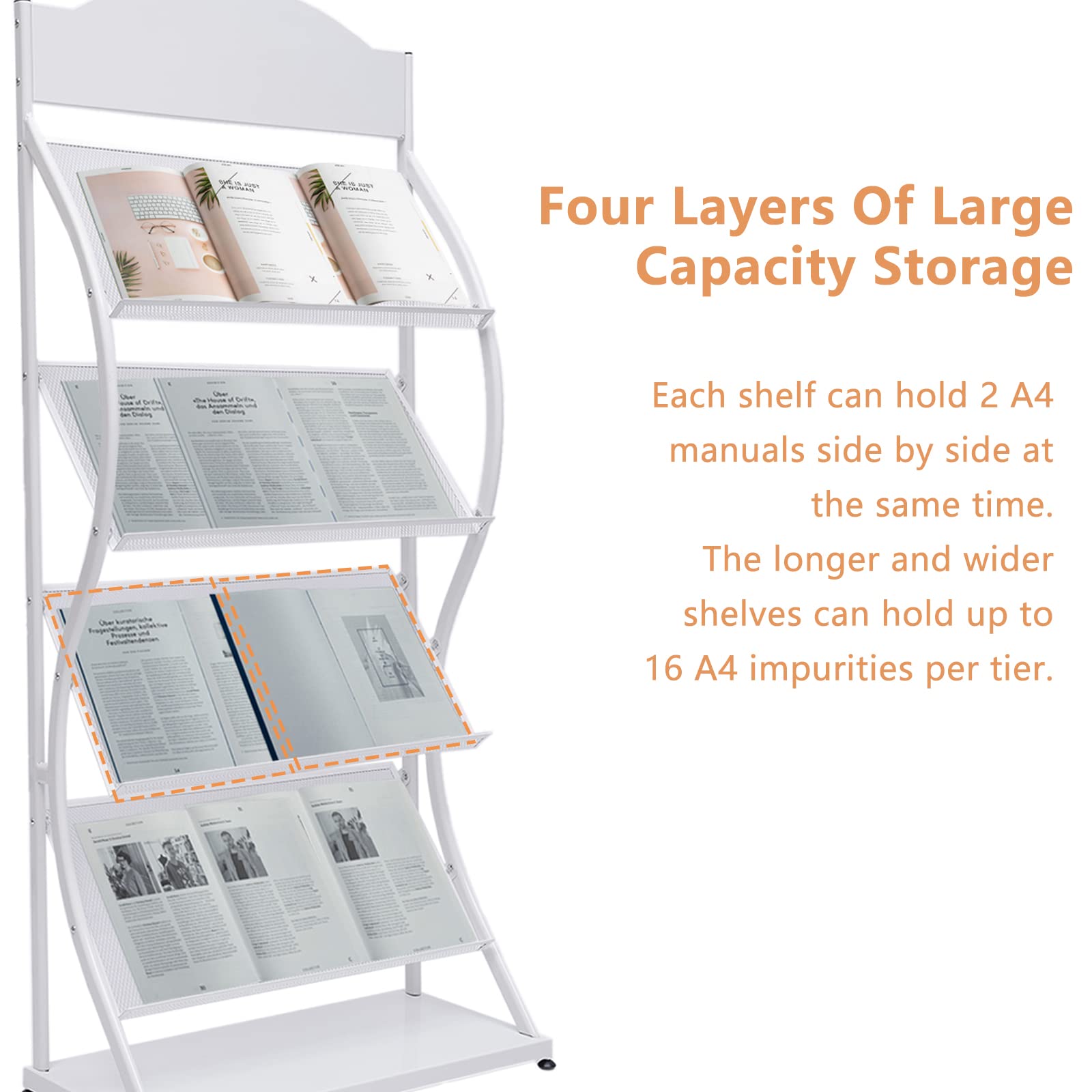 4-Tier Floor Standing Magazine Rack - Large Capacity Newspaper Holder for Books, Periodicals & Mail - White - Perfect for Living Room, Office & Library Organization