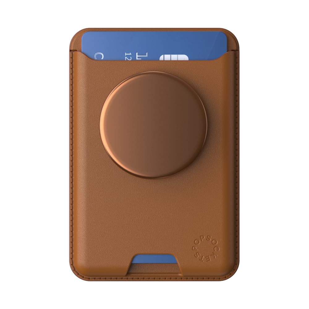 PopSockets Softgoods Phone Wallet with Expanding Grip & MagSafe Adapter Ring - Slim Card Holder for iPhone, Wireless Charging Compatible, Cognac Leather - Perfect for Travel, Commuting & Hands-Free Use
