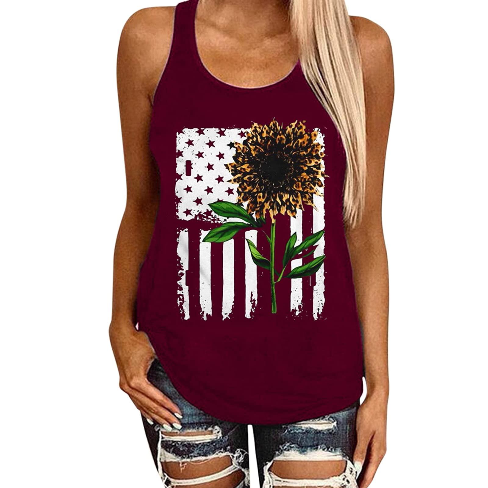Women's Casual Sleeveless Sunflower Printed Tank Top - Loose Fit Blouse Vest Camisole for Summer, Beach, and Daily Wear