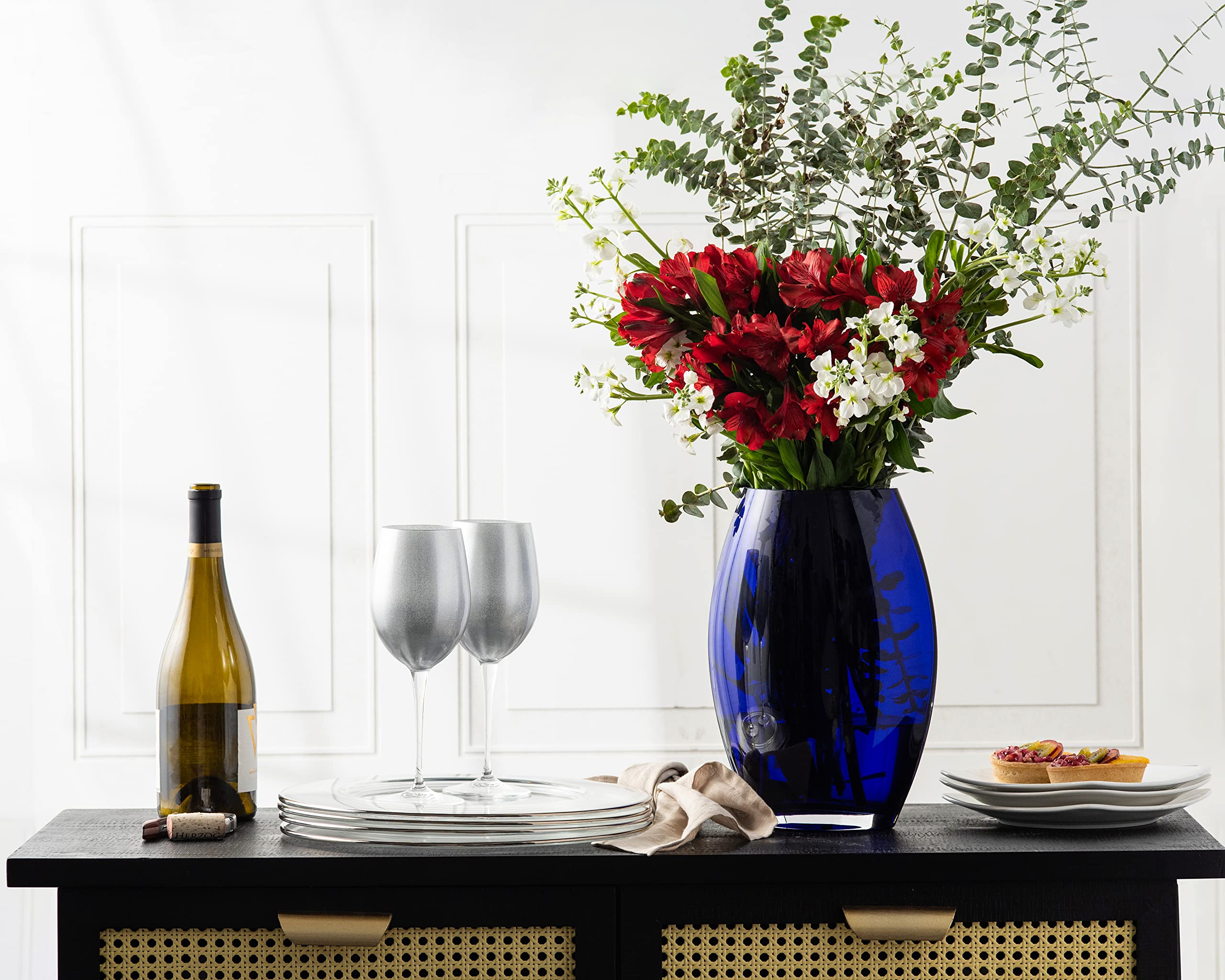 Premium Barski Goblet Set of 6 - Elegant 14oz Stemmed Glasses for White Wine & Water, Silver-Decorated European Crystal Glassware - Perfect for Dinner Parties, Weddings & Formal Entertaining