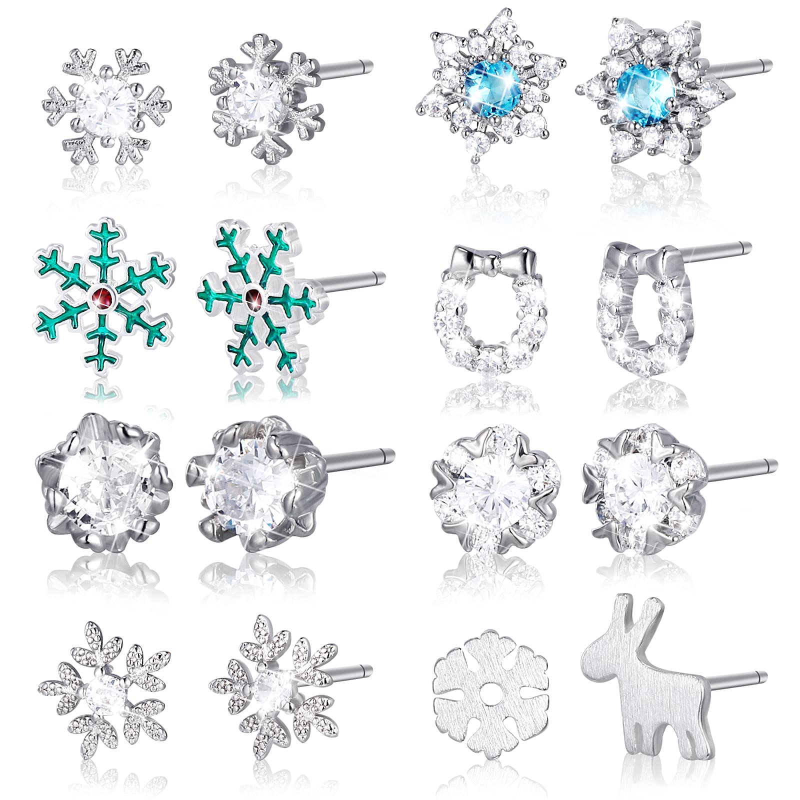 8 Pairs Silver Snowflake Stud Earrings for Women - Christmas Holiday Jewelry Gift Set, Winter Party Accessories for Girls & Teens | Perfect for Xmas, New Year, Office Party & Festive Occasions