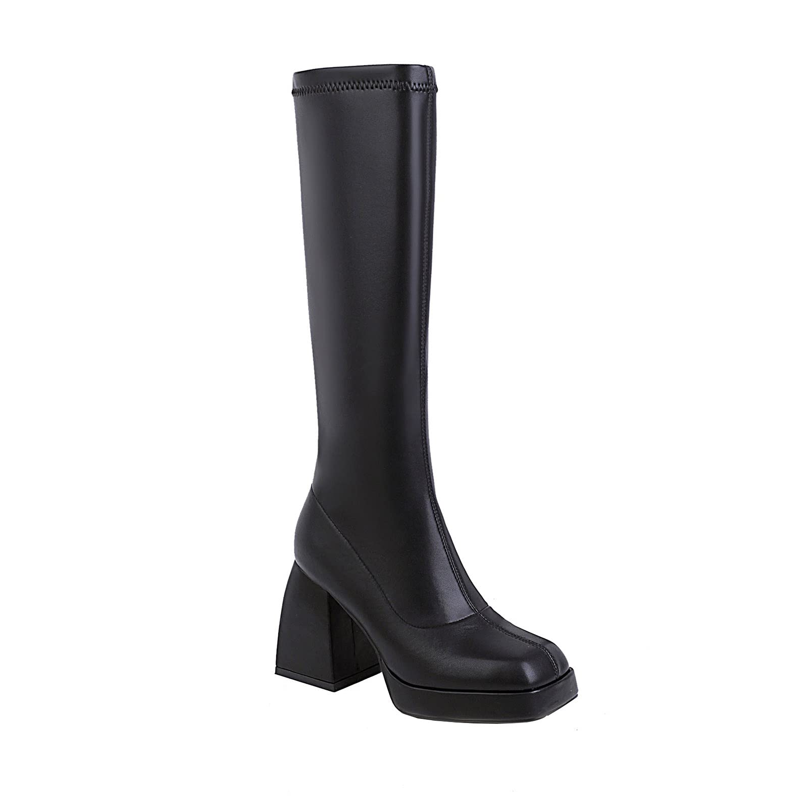 Women's Platform High-Top Boots - Chunky Block Heel Square Toe Leather Waterproof Winter Boots for Fashion, Outdoor & Work Wear