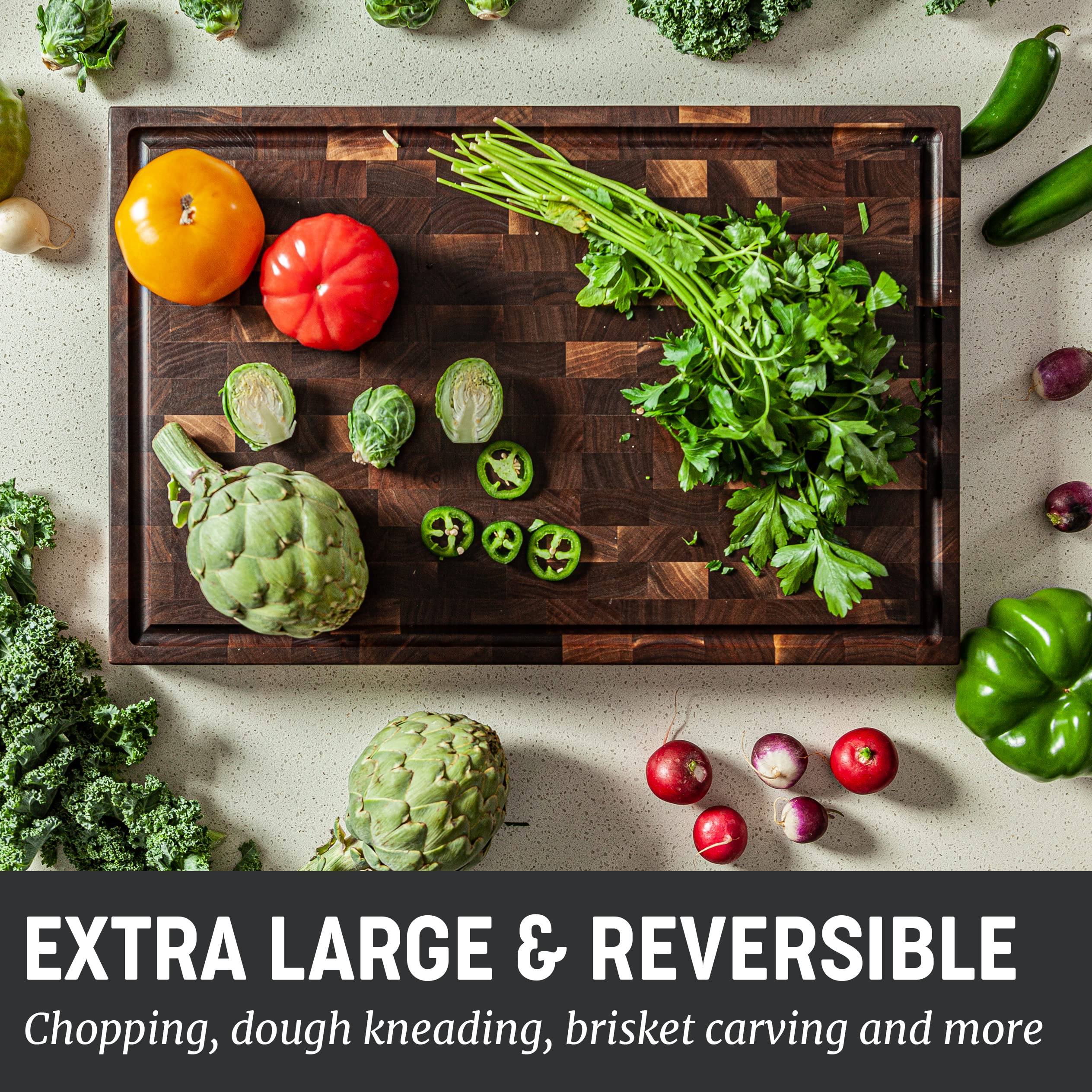 Premium Walnut Wood Cutting Board for Kitchen - Reversible Chopping Board with Juice Grooves & Handles - 20