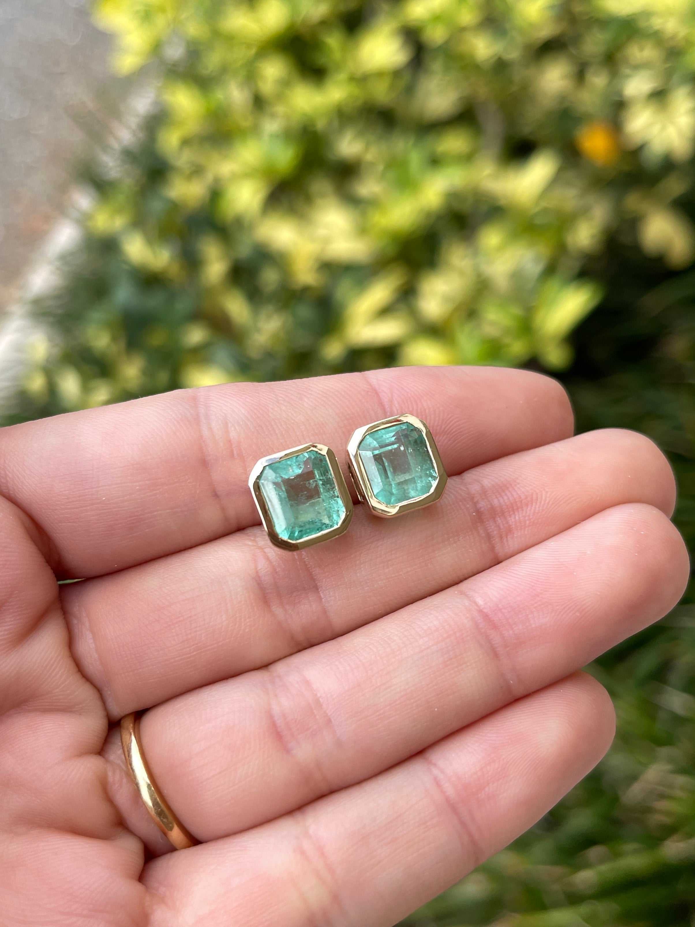 6.80tcw Bezel Set Natural Colombian Emerald Stud Earrings for Women – Elegant Green Gemstone Jewelry for Parties, Weddings & Special Occasions