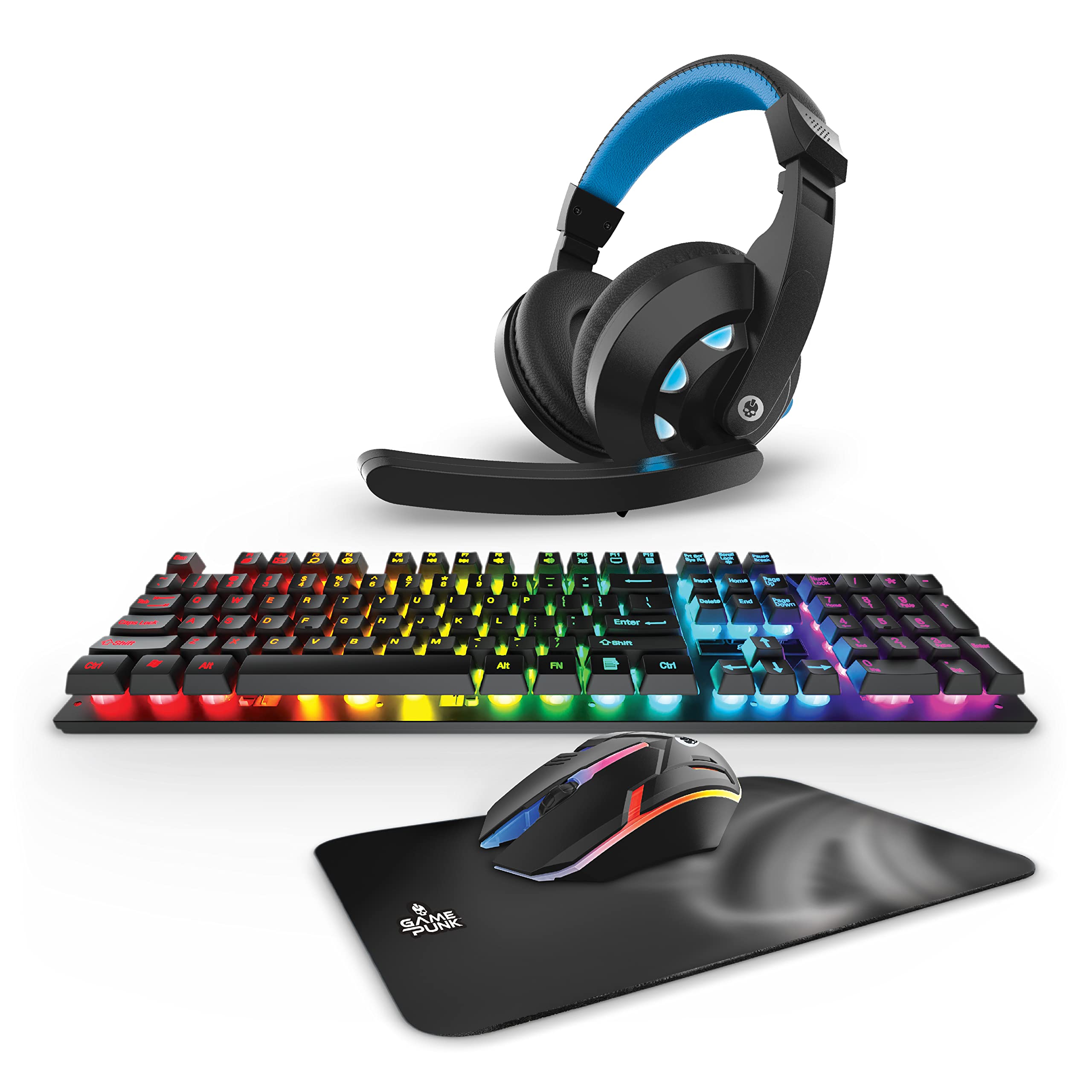 4-Piece Pro Gaming Accessories Bundle with LED Mouse, RGB Mousepad, Backlit Keyboard & Light-Up Headset | E-Sports Gaming Gear for PC, PS5, Xbox Series X/S | Perfect for Competitive Gaming, Streaming & Night Battles