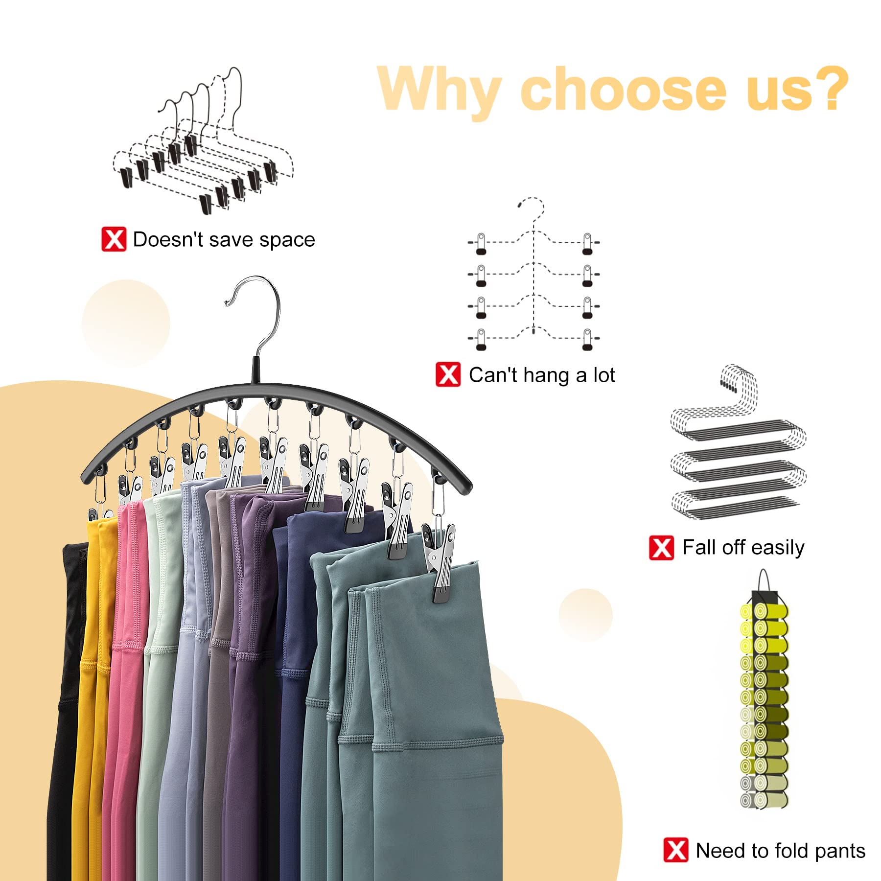 Metal Yoga Pants Hanger with 10 Rubber-Coated Clips - Space Saving Legging Organizer for Closet (1 Pack, Black) - Perfect for Yoga Pants, Workout Leggings & Activewear Storage