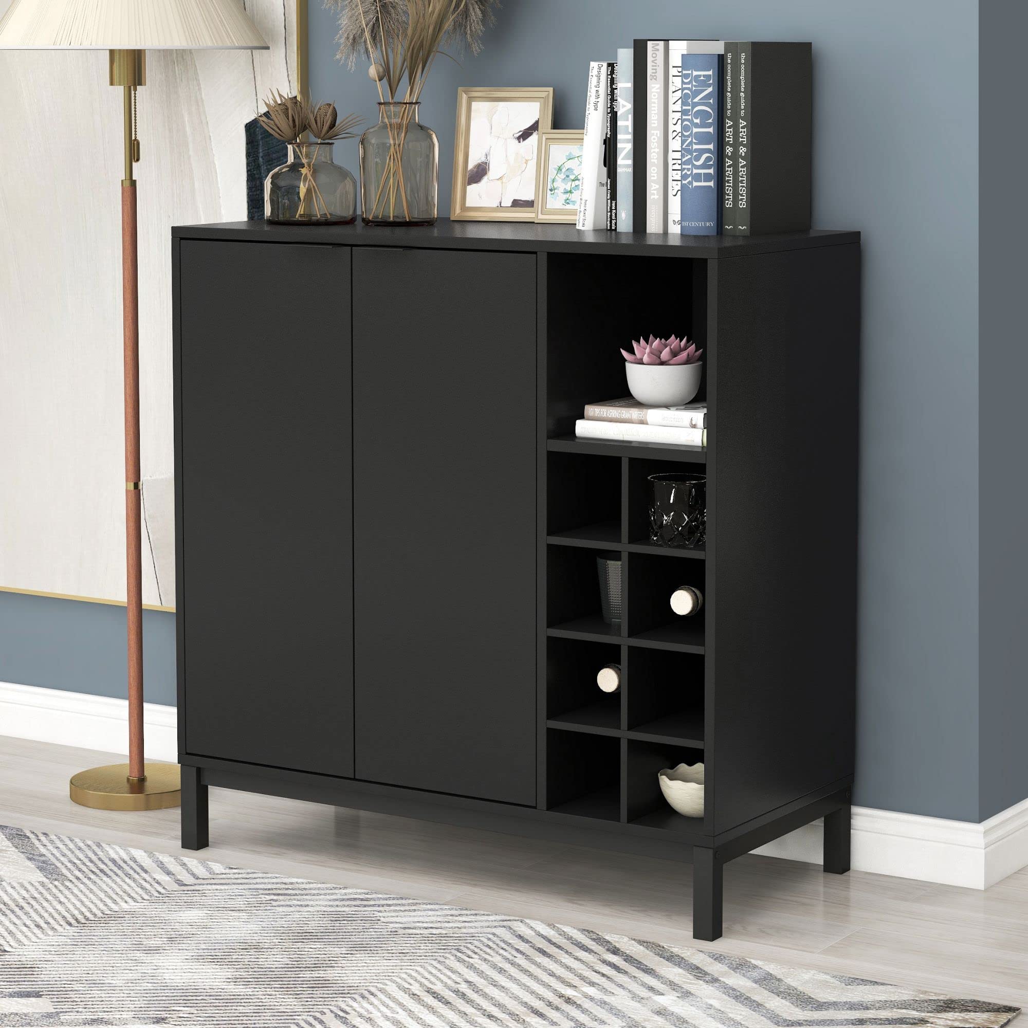 HONOOR 34 Inch Black Bar Cabinet with Storage, Sideboard Buffet for Dining Room - Wine Rack & Coffee Bar Console - Perfect for Home Entertaining & Kitchen Organization