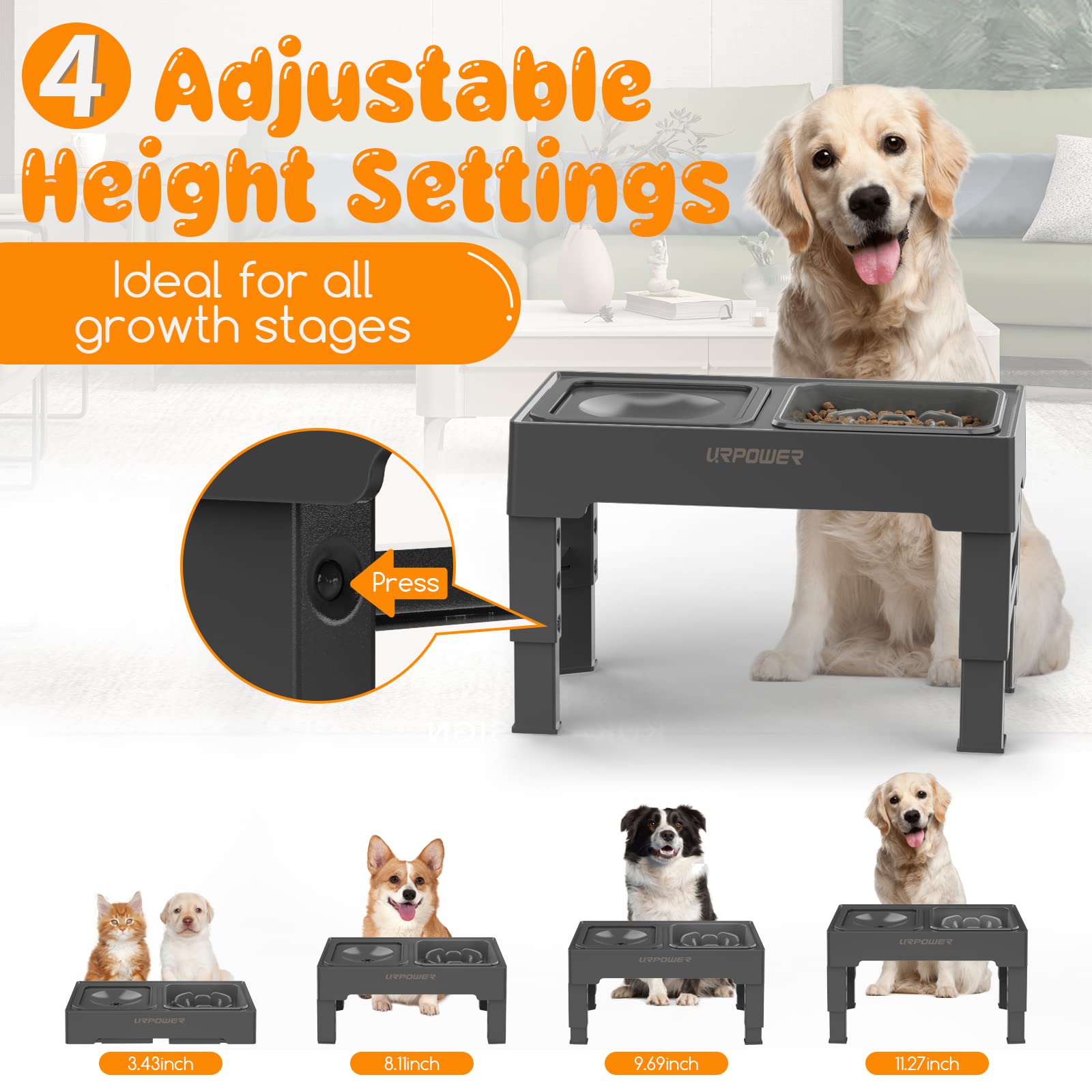 URPOWER 2-in-1 Elevated Slow Feeder Dog Bowl with No Spill Water Bowl - 4 Height Adjustable Raised Pet Feeder for Small, Medium & Large Dogs, Cats - Anti-Choking & Digestion Aid for Fast Eaters - Perfect for Home, Travel & Outdoor Use