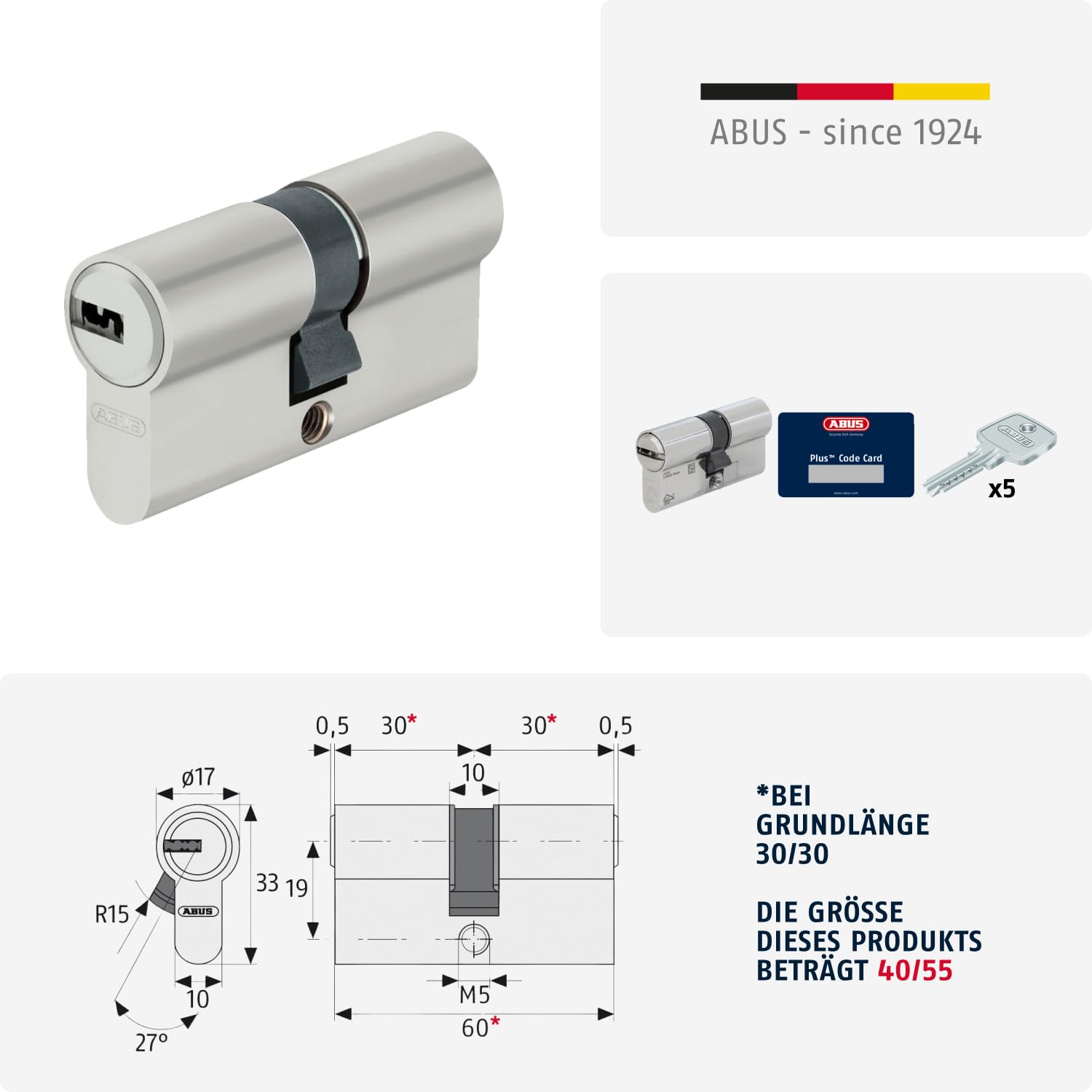 ABUS Profile Cylinder D6XNP 40/55 - High Security Double Cylinder Door Lock with 5 Keys & Code Card - Emergency & Danger Function for Front Doors, Apartment Doors & Commercial Security