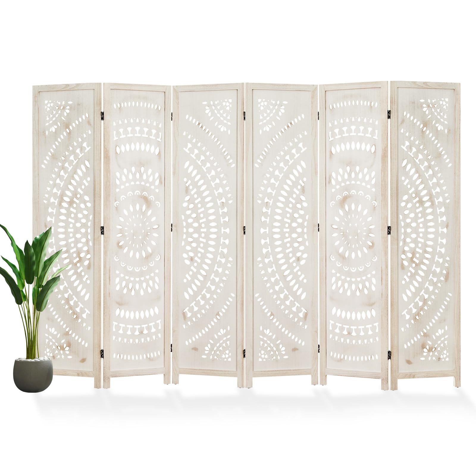 66.9 Inch Folding Room Divider Screen - 6 Panel Wood Carved Privacy Partition for Home, Office, Restaurant & Bedroom - Freestanding & Easy to Assemble (White-Washed) | Perfect for Creating Private Spaces & Room Separation
