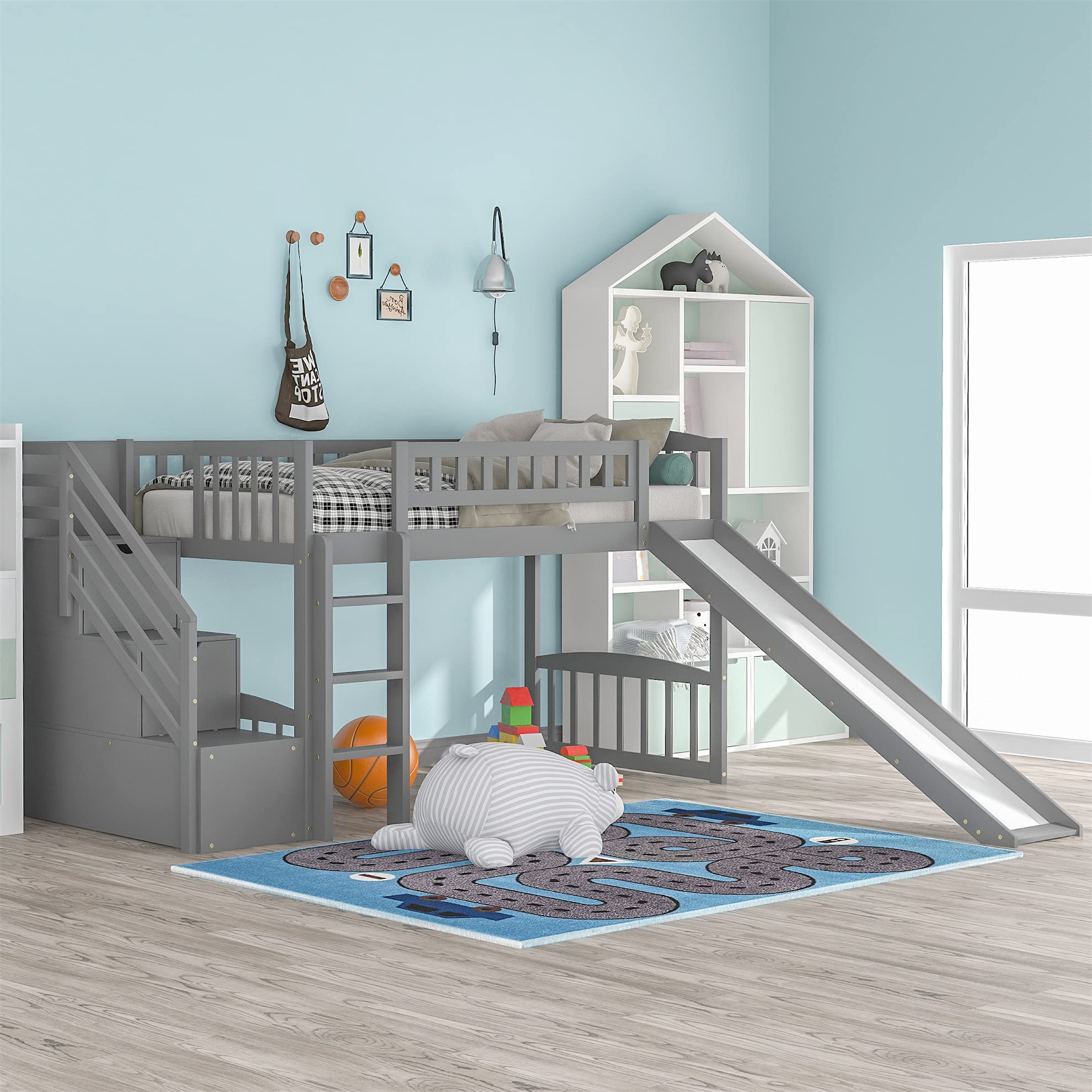 Harper & Bright Designs Twin Size Wooden Loft Bed with Slide, Stairway & Storage - Low Bunk Bed for Kids, Girls & Boys (Gray) - Perfect for Small Bedrooms, Playrooms & Kids' Spaces