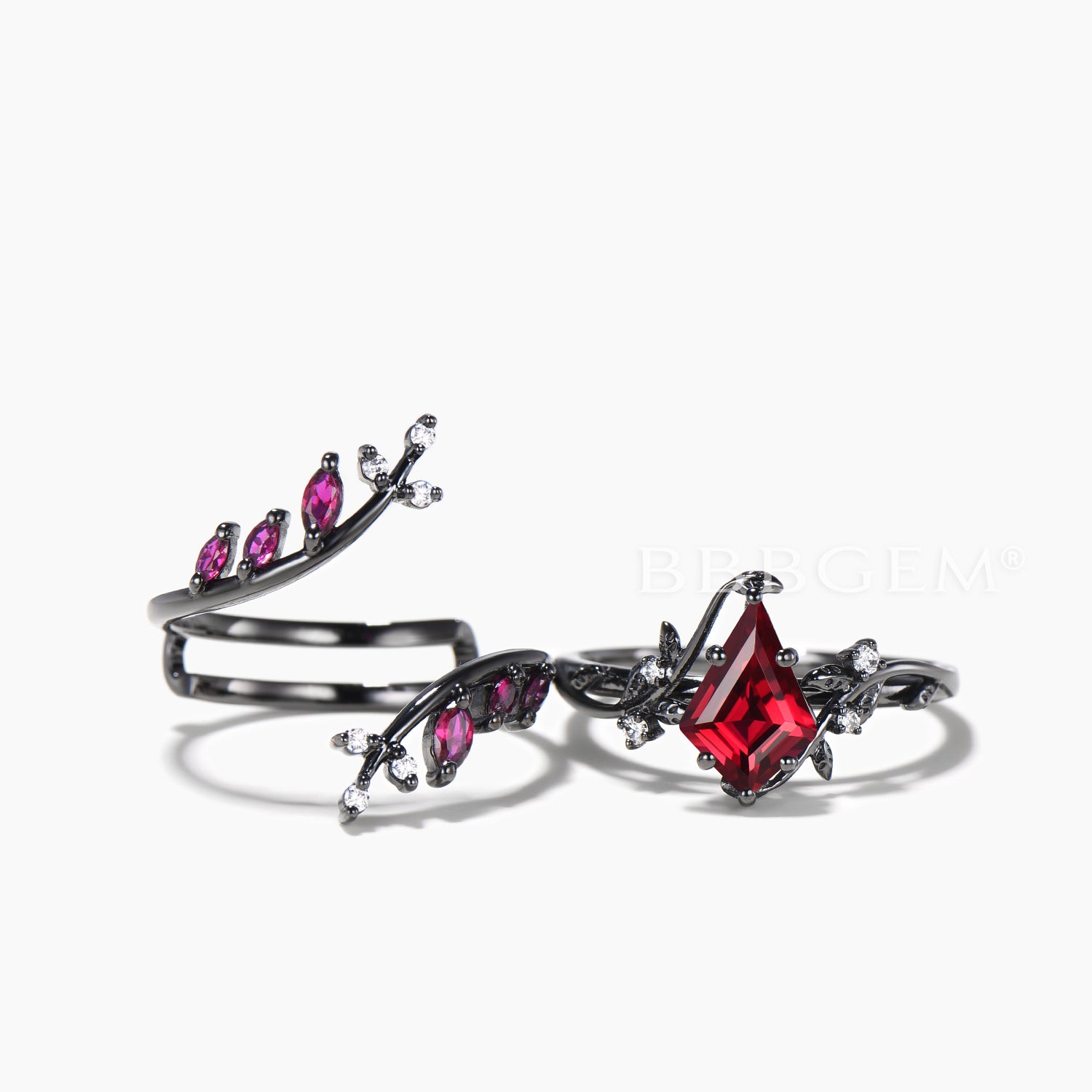 Exquisite Kite Cut Ruby Leaf Engagement Ring with Diamond Branch - Vintage Gothic Bridal Jewelry Set for Weddings, Anniversaries & Romantic Occasions