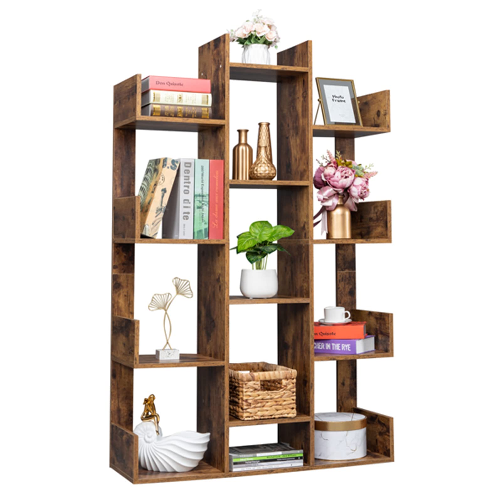 Tree-Shaped Bookcase with 13 Compartments - Vintage Industrial Wood Bookshelf for Open Book Display & Storage - Free Standing Books Organizer for Living Room, Office & Nursery Decor