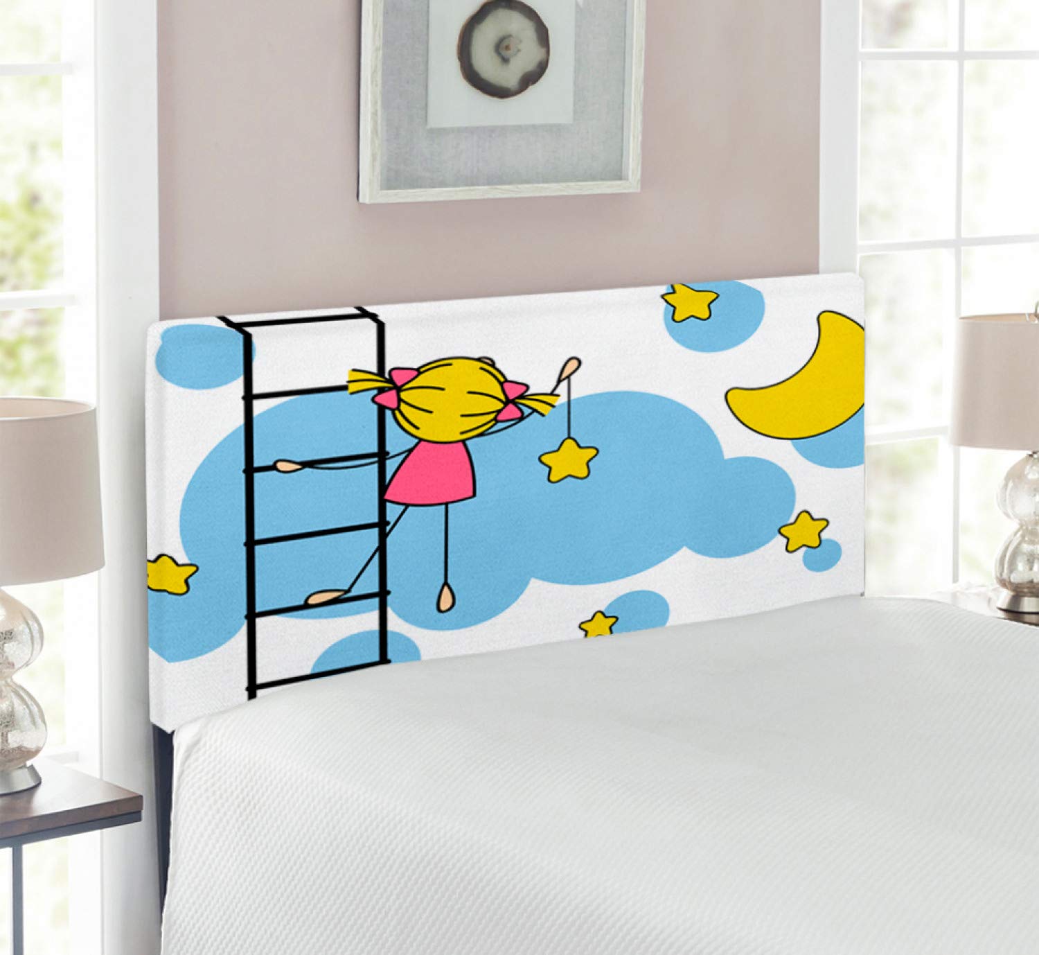 Ambesonne Twin Size Upholstered Metal Headboard with Memory Foam - Starry Night Cartoon Design Featuring Girl on Ladder Hanging Stars & Half Moon - Yellow & Blue Decorative Bed Headboard for Kids' Room, Nursery or Teen Bedroom Decor
