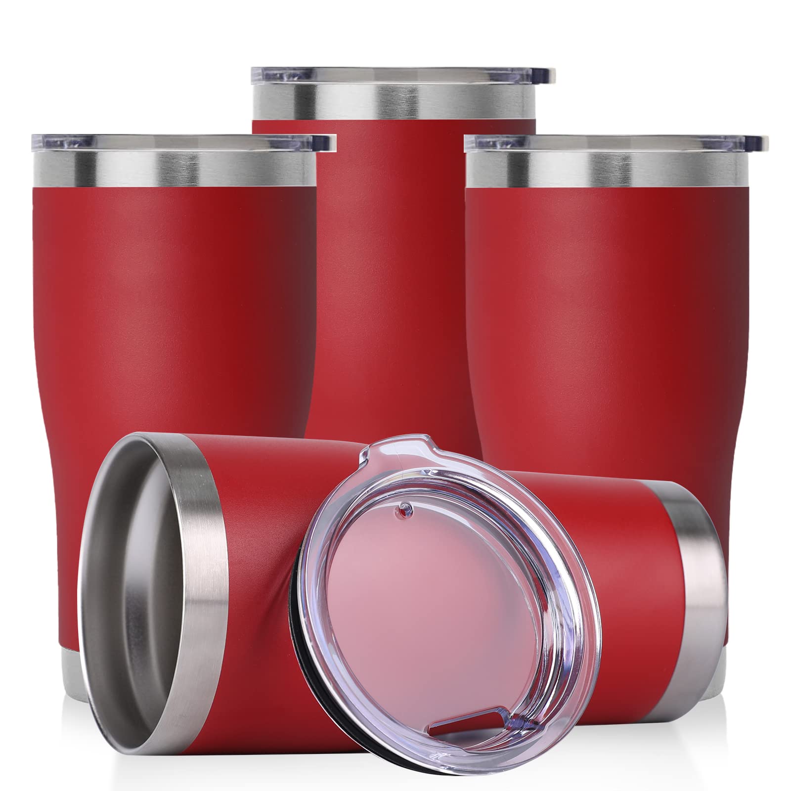 DOMICARE 20oz Stainless Steel Tumbler with Lid - Double Wall Vacuum Insulated Coffee Travel Mug, Powder Coated, 4 Pack (Red) - Perfect for Office, Gym, Camping & Outdoor Activities
