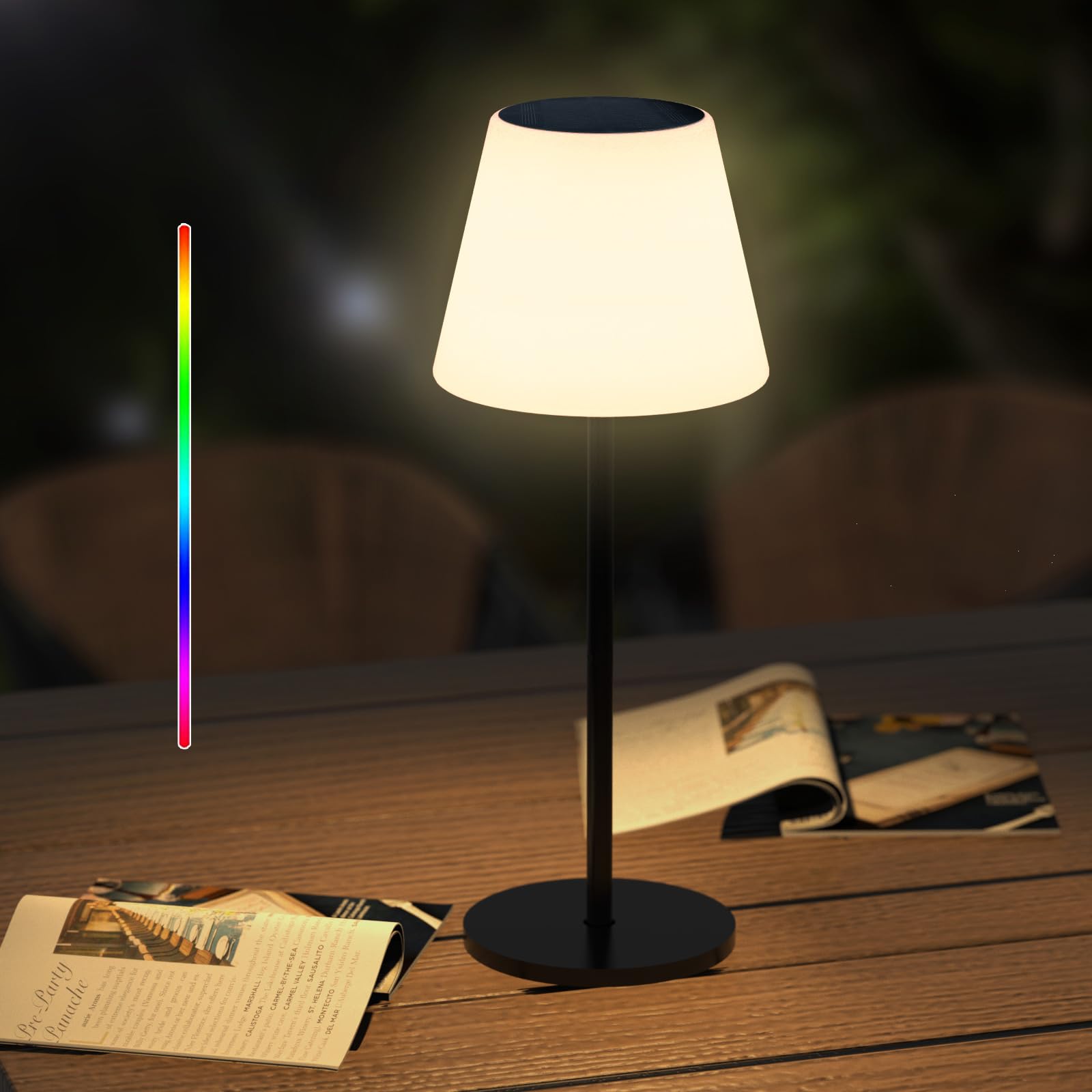 Solar Powered Outdoor Table Lamp with Light Sensor - Waterproof, Dimmable Warm White & RGB LED Desk Light for Patio, Garden, Terrace, Camping - Portable Cordless Night Light for Backyard, Deck & Outdoor Relaxation