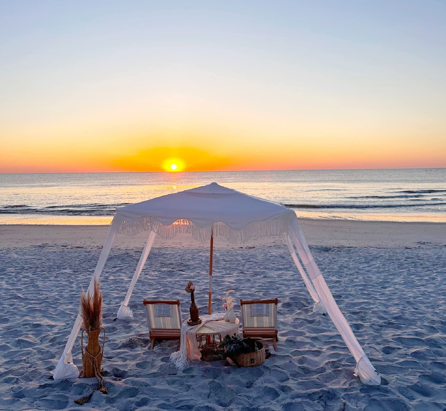 AMMSUN 6'×6' Boho Beach Cabana with Fringe & Tassels - Premium Wood Pole, Easy Setup Sun Shade Tent with Sand Pockets - Perfect for Beach, Poolside, Garden, Patio & Backyard Relaxation - Elegant White Canopy Shelter
