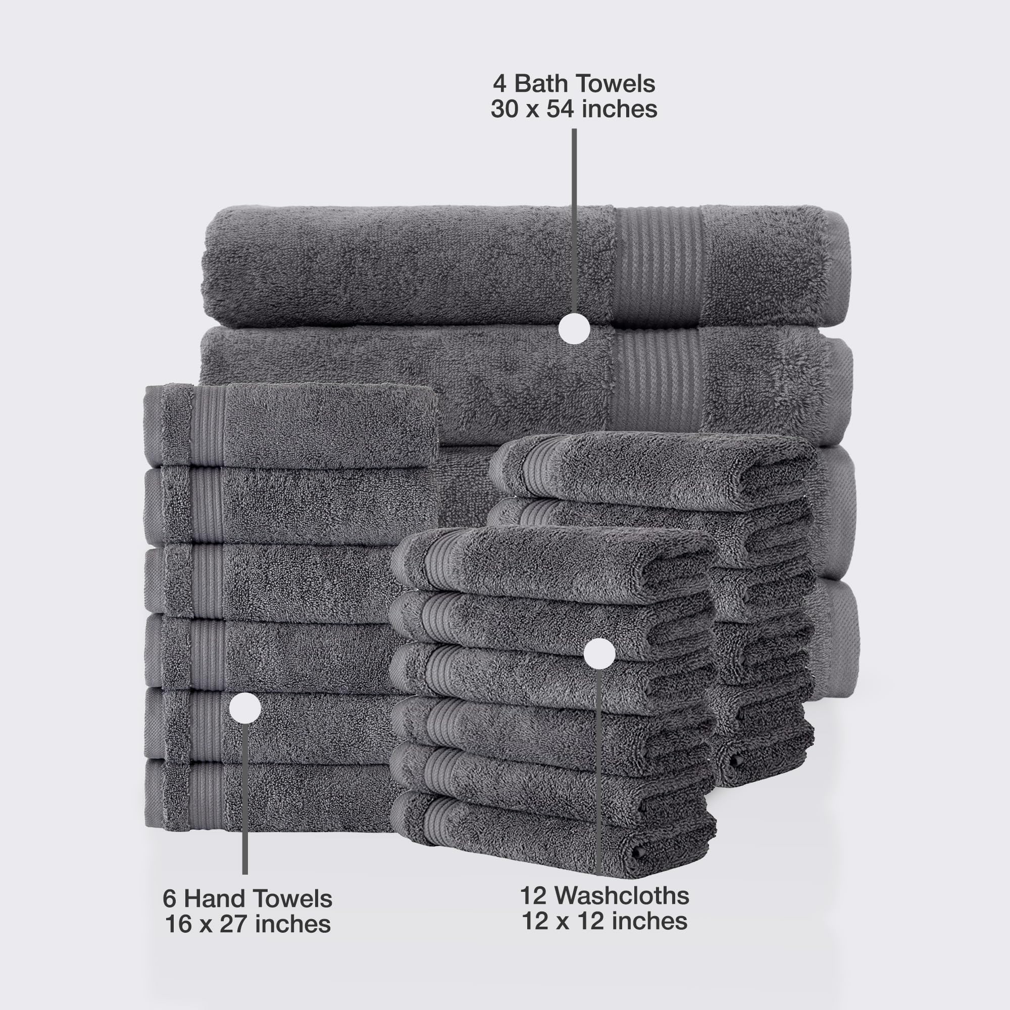 Premium 22-Piece Turkish Cotton Towel Set - 100% Organic Quick-Dry Bath, Hand & Washcloths for Family | Ultra Absorbent & Soft | Includes 4 Bath Towels, 6 Hand Towels & 12 Washcloths (Grey) | Perfect for Spa, Beach & Luxury Bathroom Use